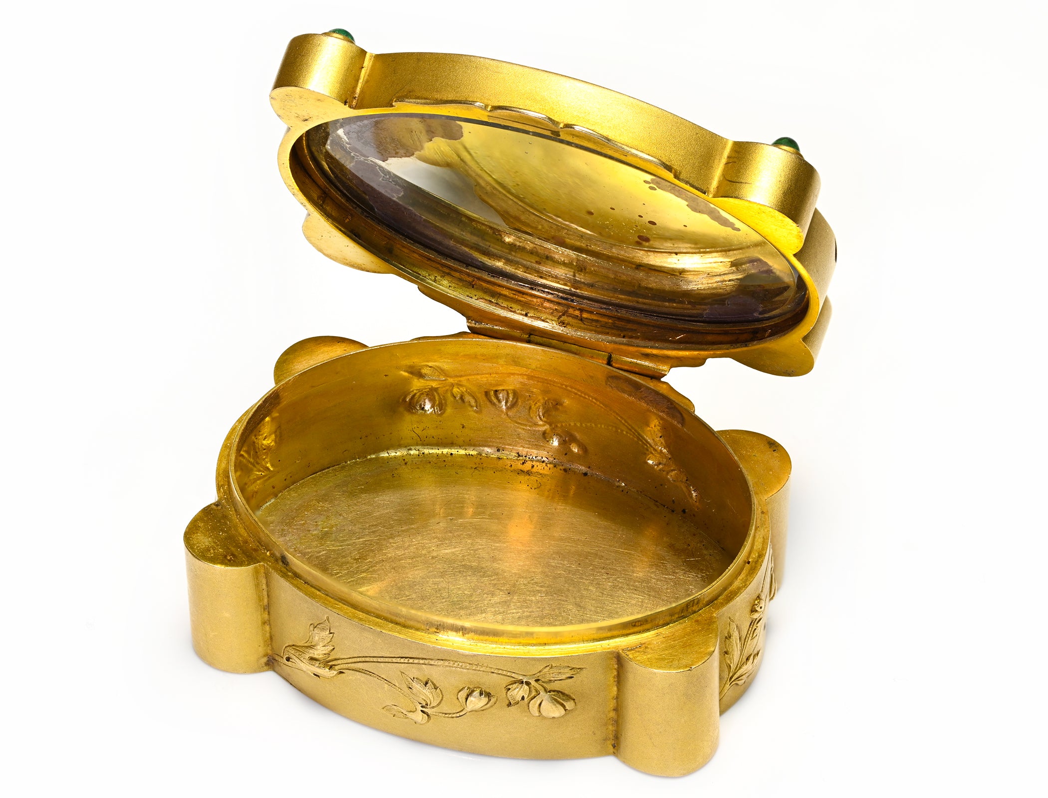 Ornate Art Nouveau Mirror 18K Gold Box Set with Emeralds and Diamonds