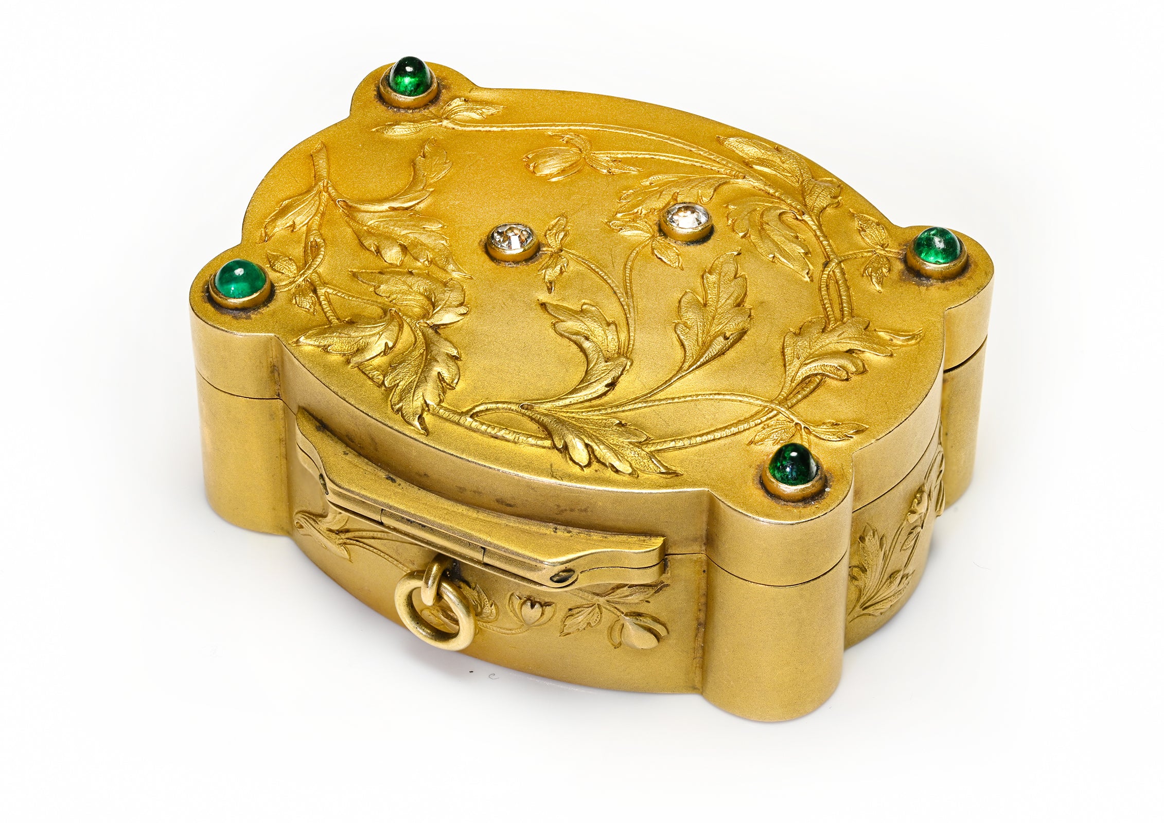 Ornate Art Nouveau 18K Gold Box Set with Emeralds and Diamonds