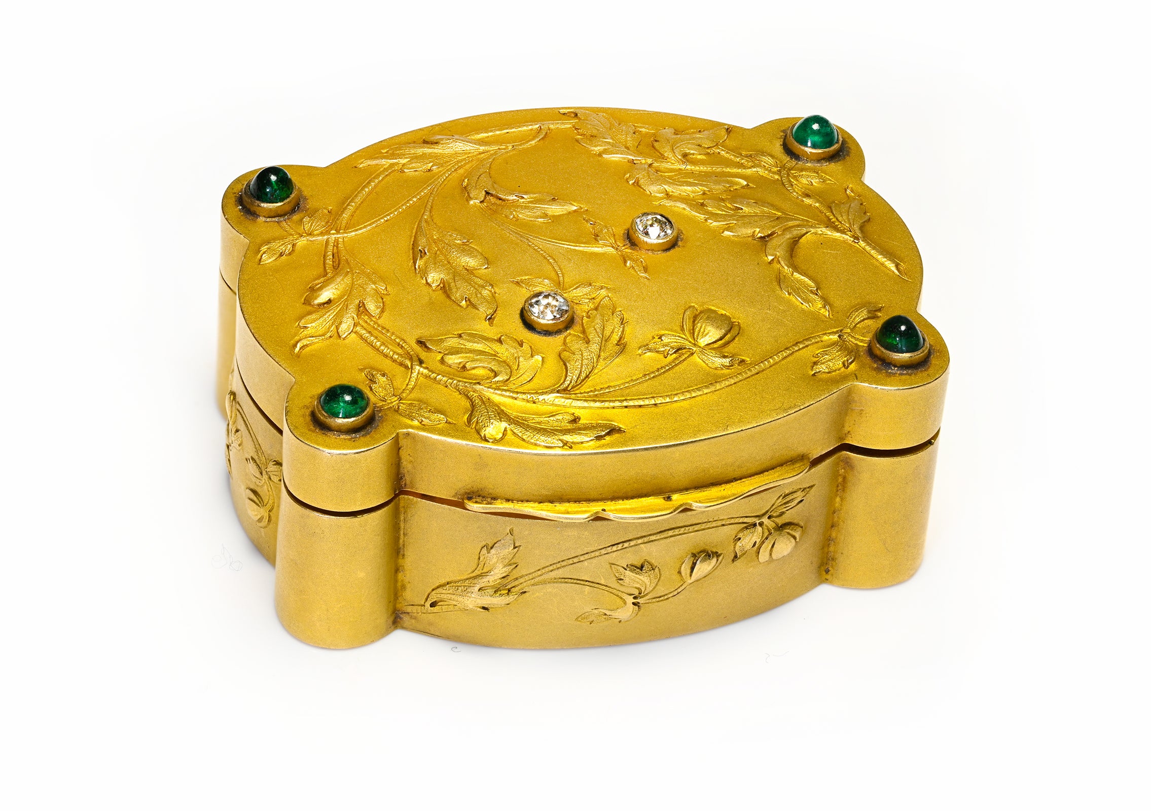 Art Nouveau 18K Gold Box Set Emeralds Diamonds
