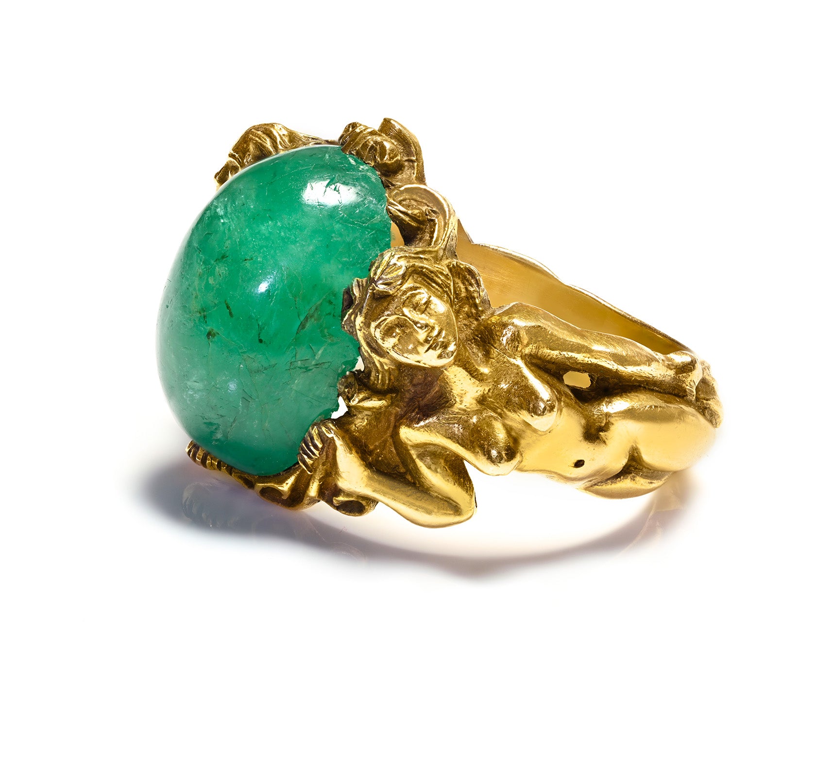 Art Nouveau Gold Emerald Erotic Nude Lady Ring
