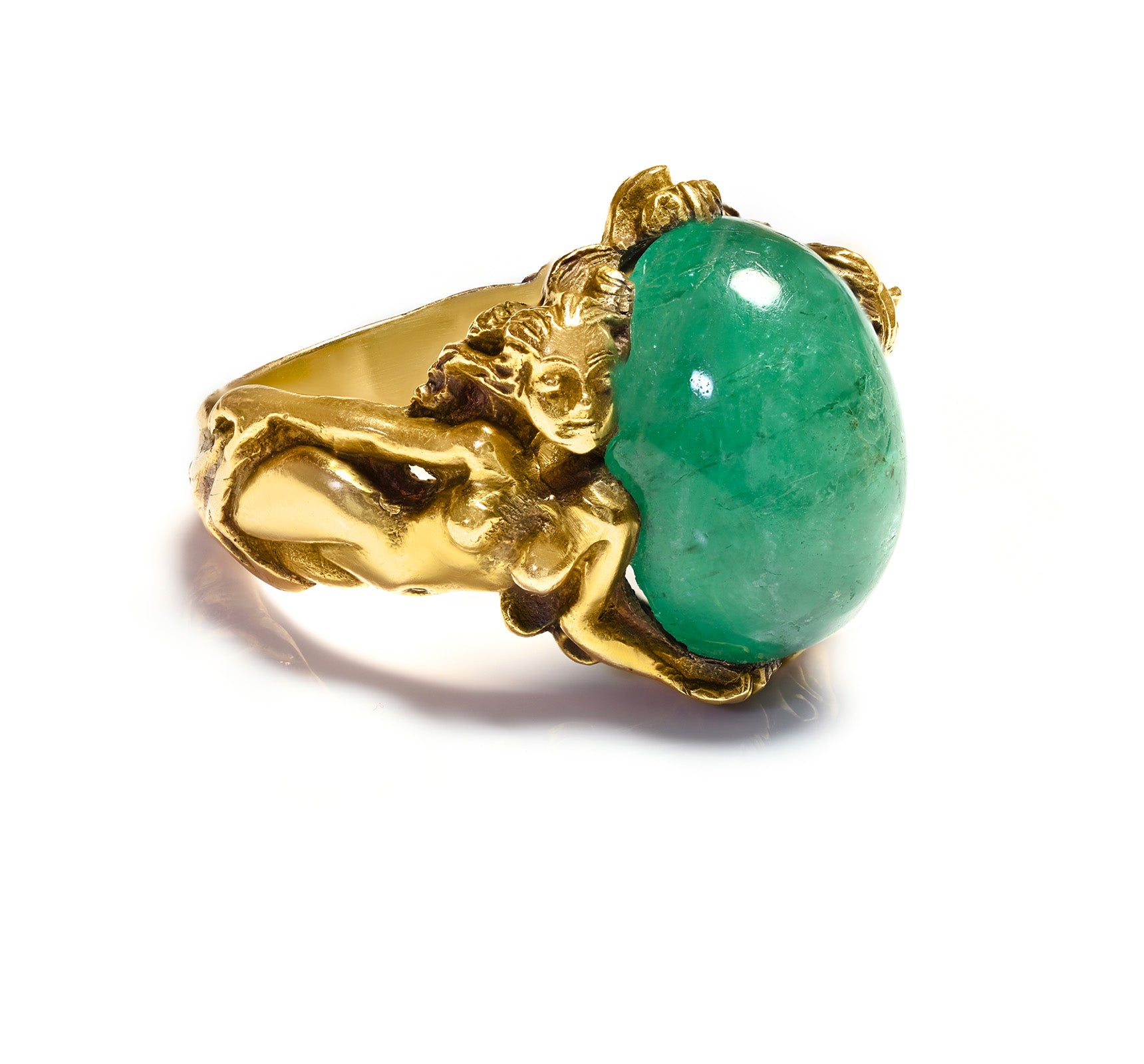 Mens Art Nouveau Gold Emerald Erotic Nude Lady Ring