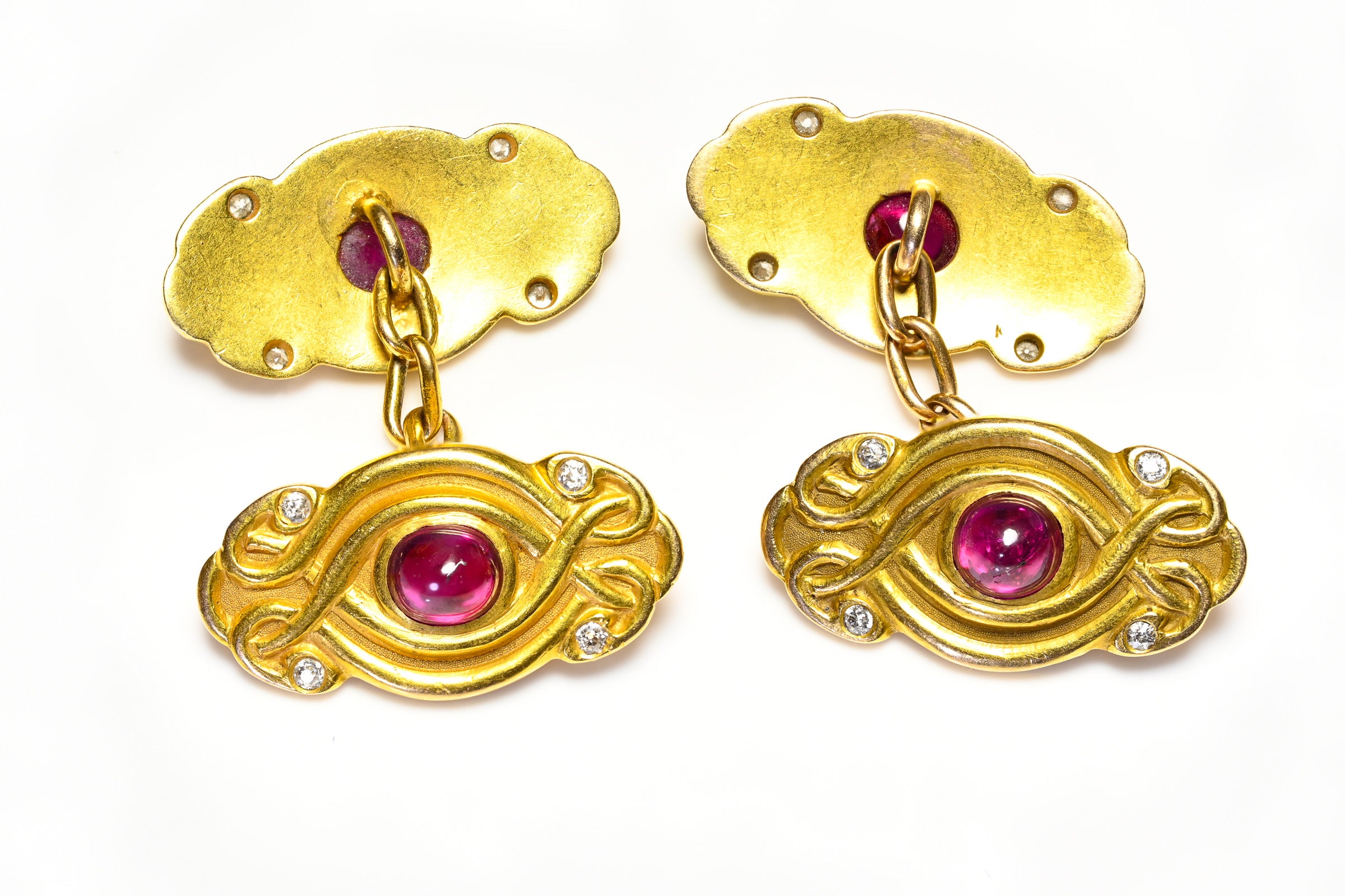 Antique Art Nouveau Gold Cabochon Ruby and Diamonds Cufflinks