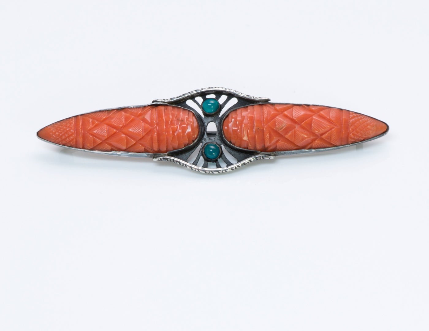 Arts & Crafts Silver Coral Chrysoprase Brooch