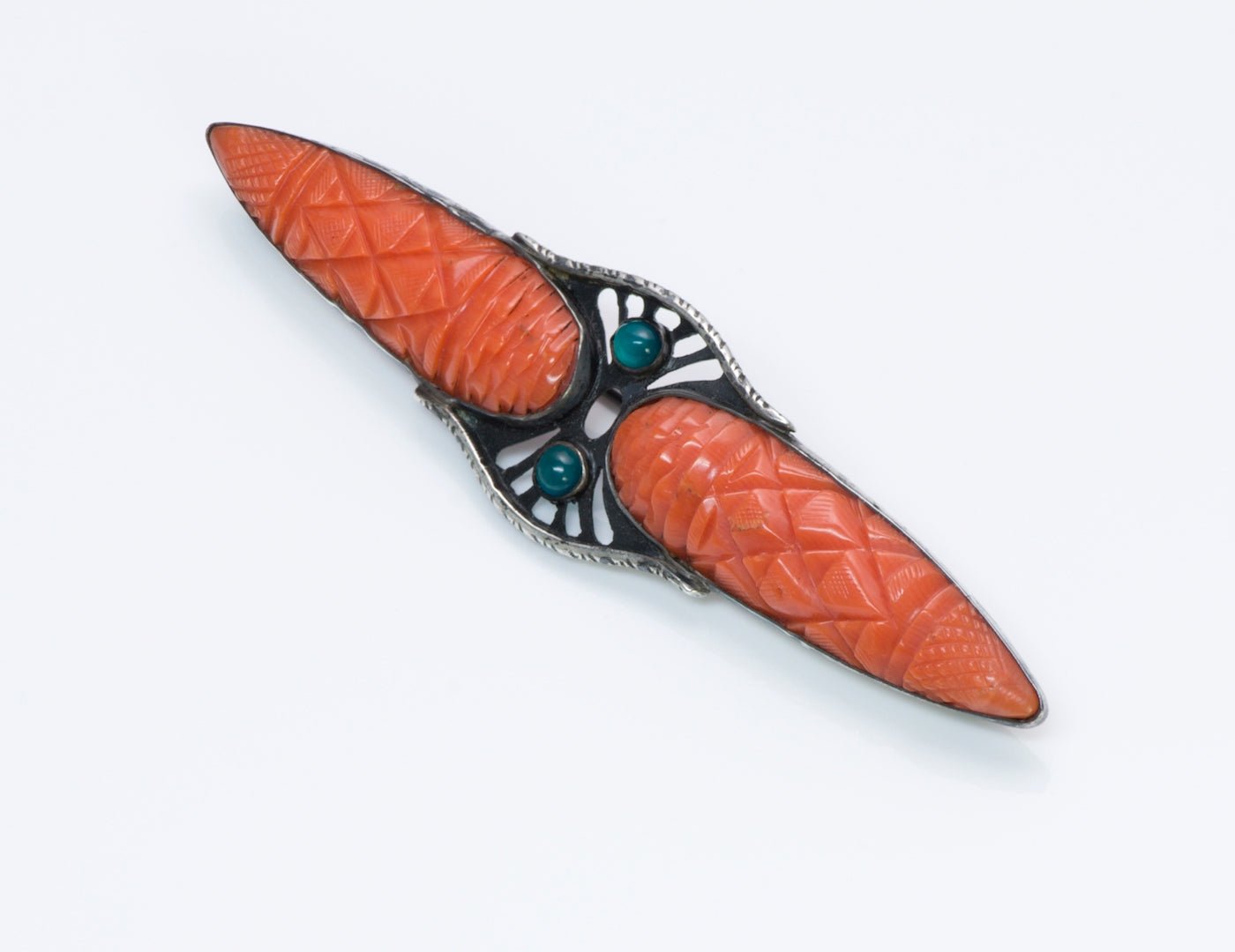 Arts & Crafts Silver Coral Chrysoprase Brooch