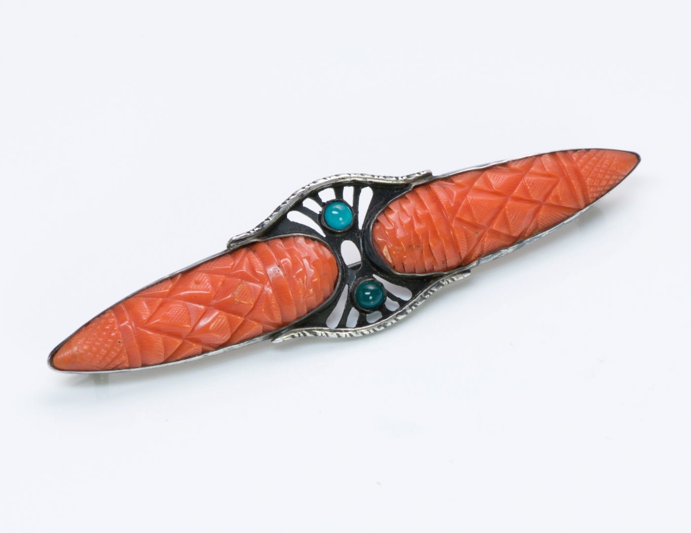 Arts & Crafts Silver Coral Chrysoprase Brooch