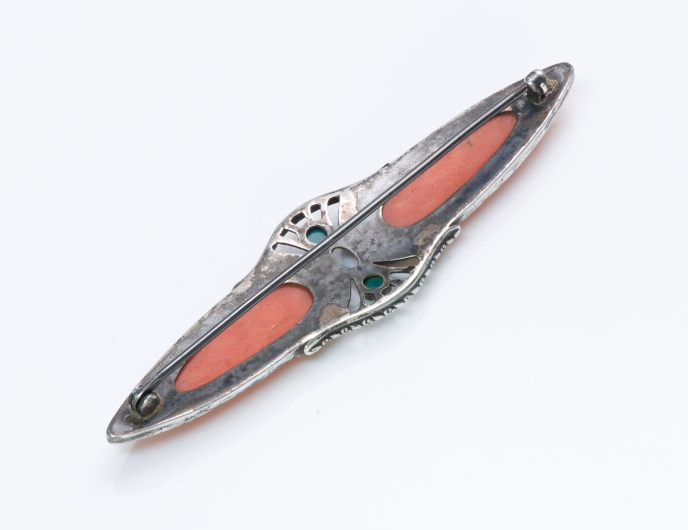 Arts & Crafts Silver Coral Chrysoprase Brooch