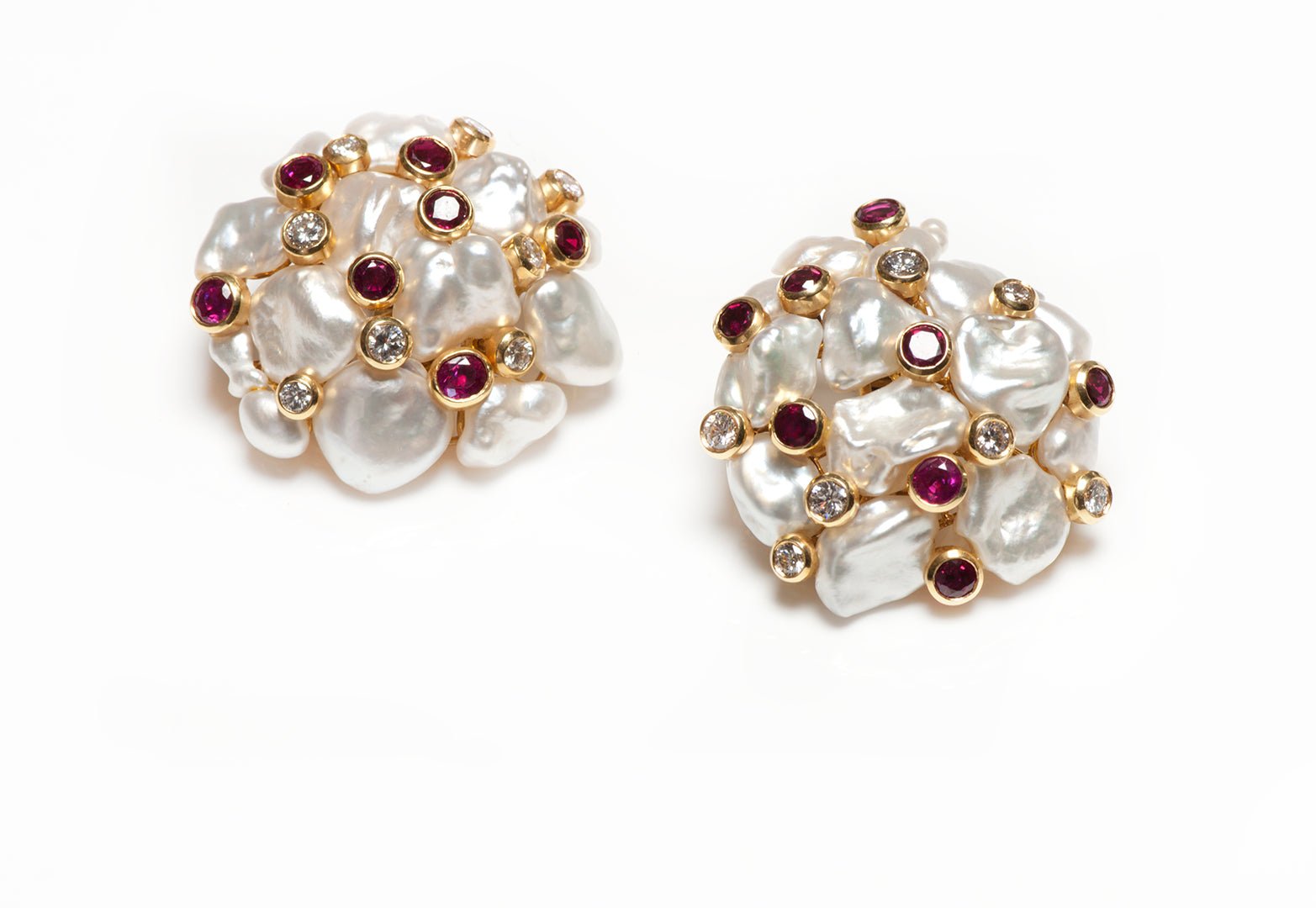 Asprey 18K Gold Diamond Ruby & Keshi Pearl Earrings