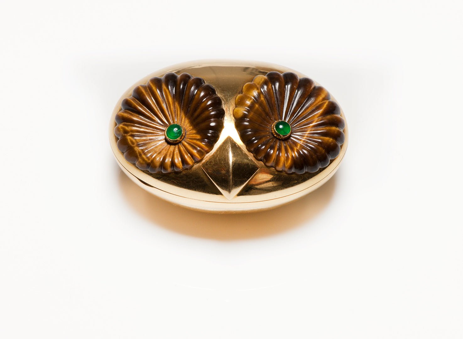 Asprey 18K Gold Tiger's Eye Emerald Owl Head Pill Box