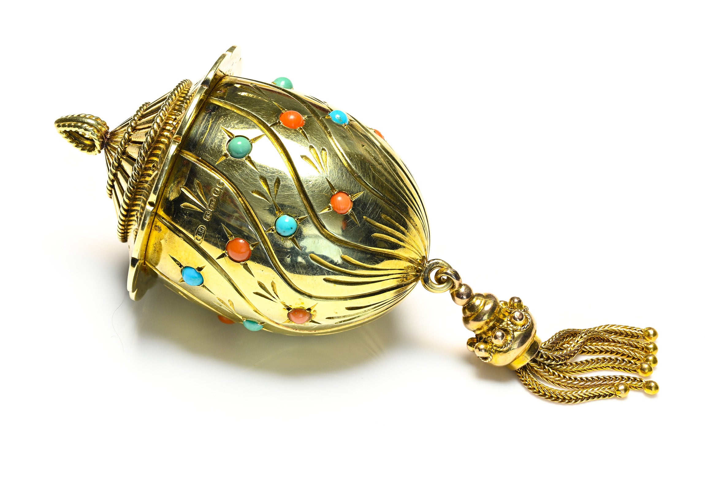 Vintage Asprey 14K Gold Pomander with Turquoise and Coral Hallmark