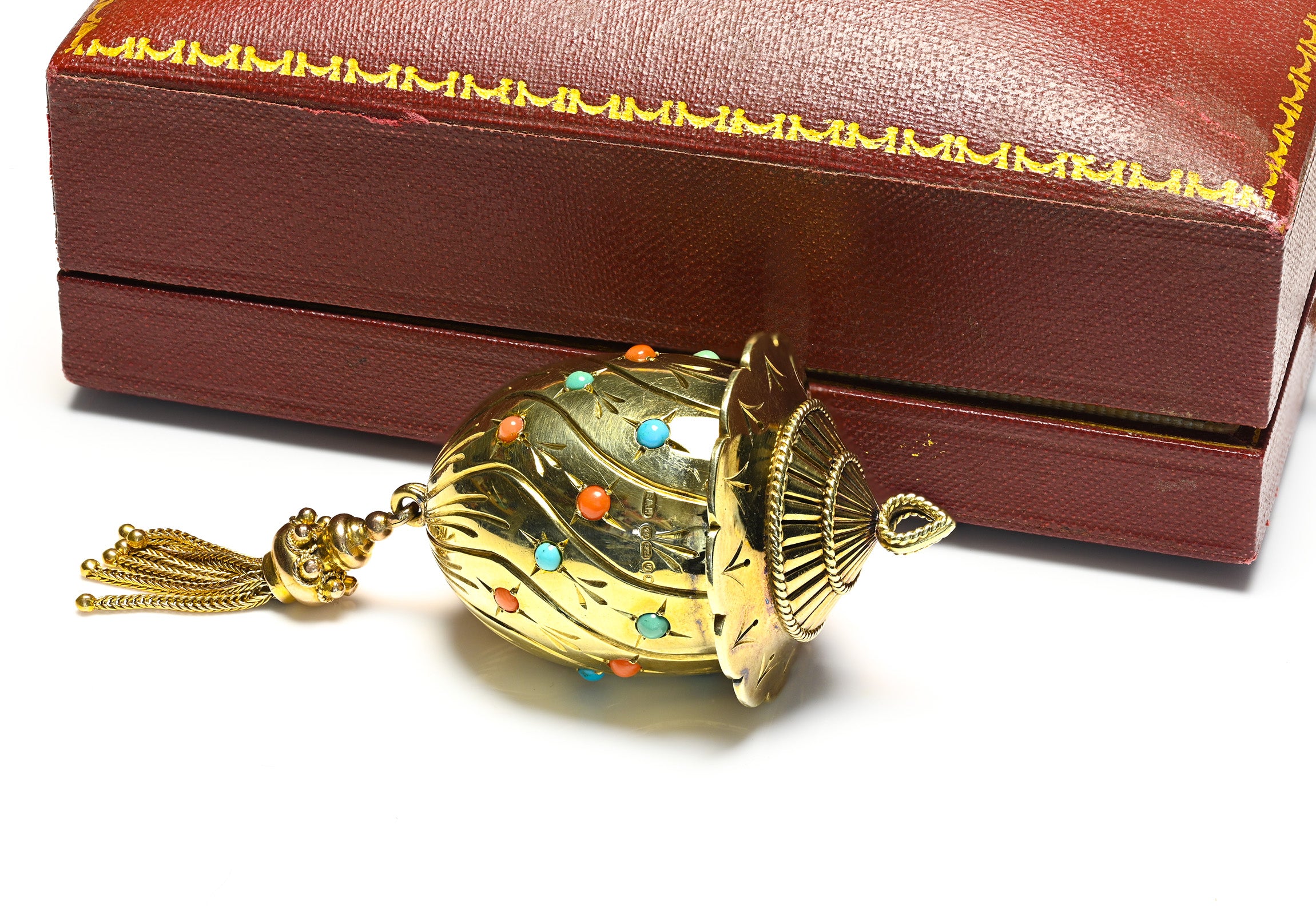 Vintage Asprey 14K Gold Pomander Turquoise Coral Tassel
