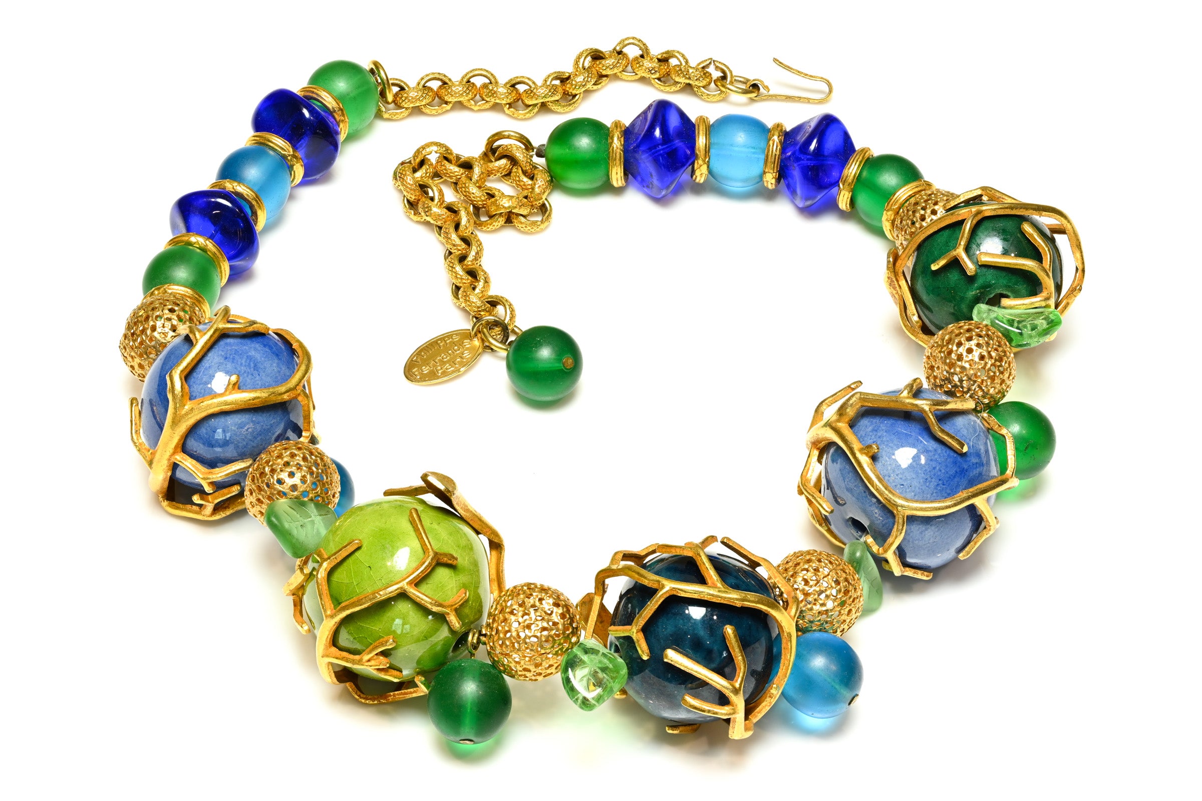Philippe Ferrandis Paris Oversized Blue and Green Bead Statement Necklace