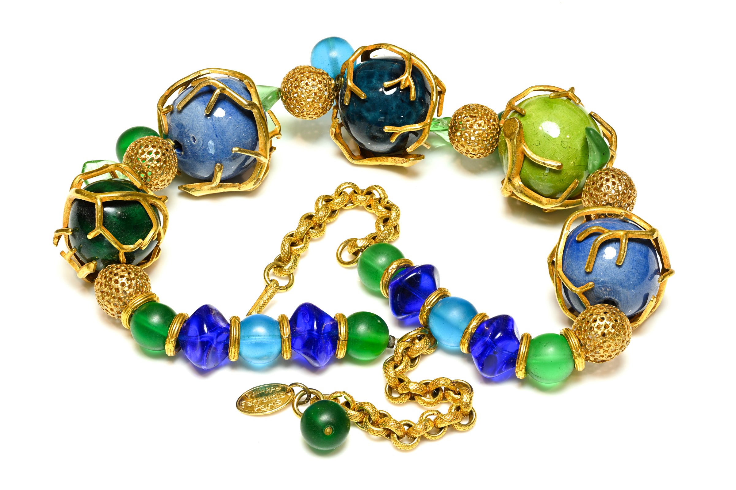 Philippe Ferrandis Paris Oversized Blue and Green Bead Statement Necklace