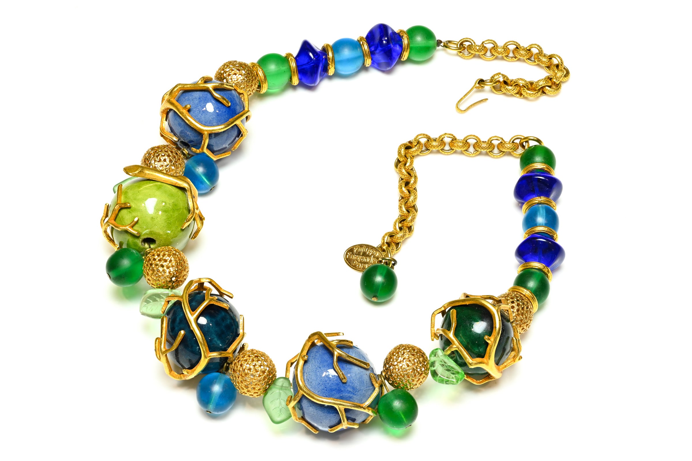 Philippe Ferrandis Paris Oversized Blue and Green Bead Statement Necklace
