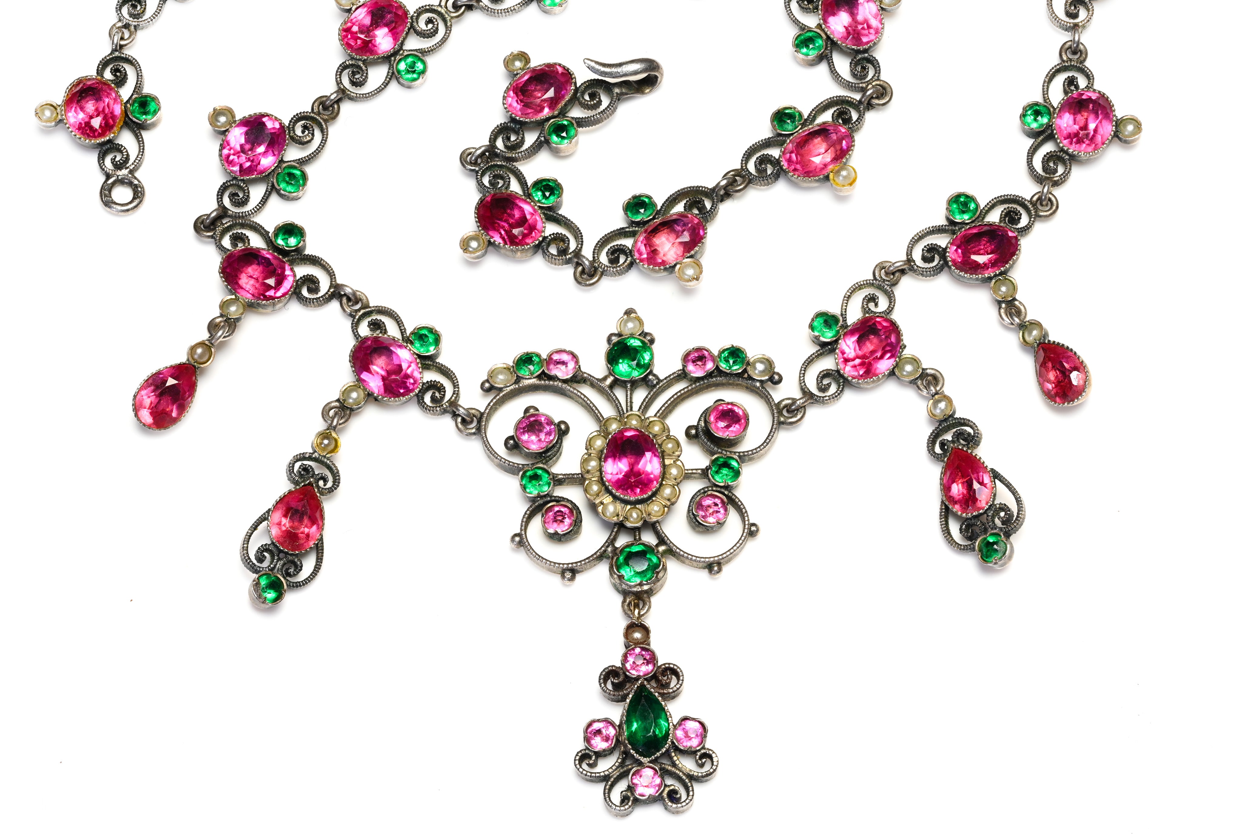 Belle Époque Austro-Hungarian Silver Pink Paste Pearl Necklace