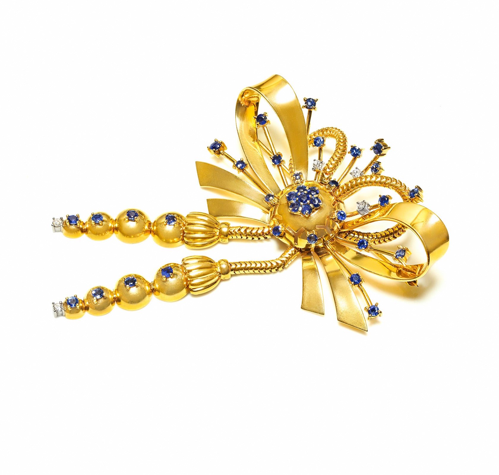 Bailey Banks Biddle Retro Gold Bow Tassel Brooch Pendant Diamonds Sapphires