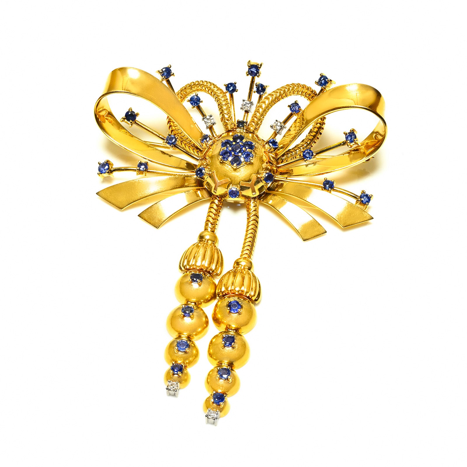 Bailey Banks & Biddle 1940s Gold Bow Tassel Brooch Diamonds Sapphire