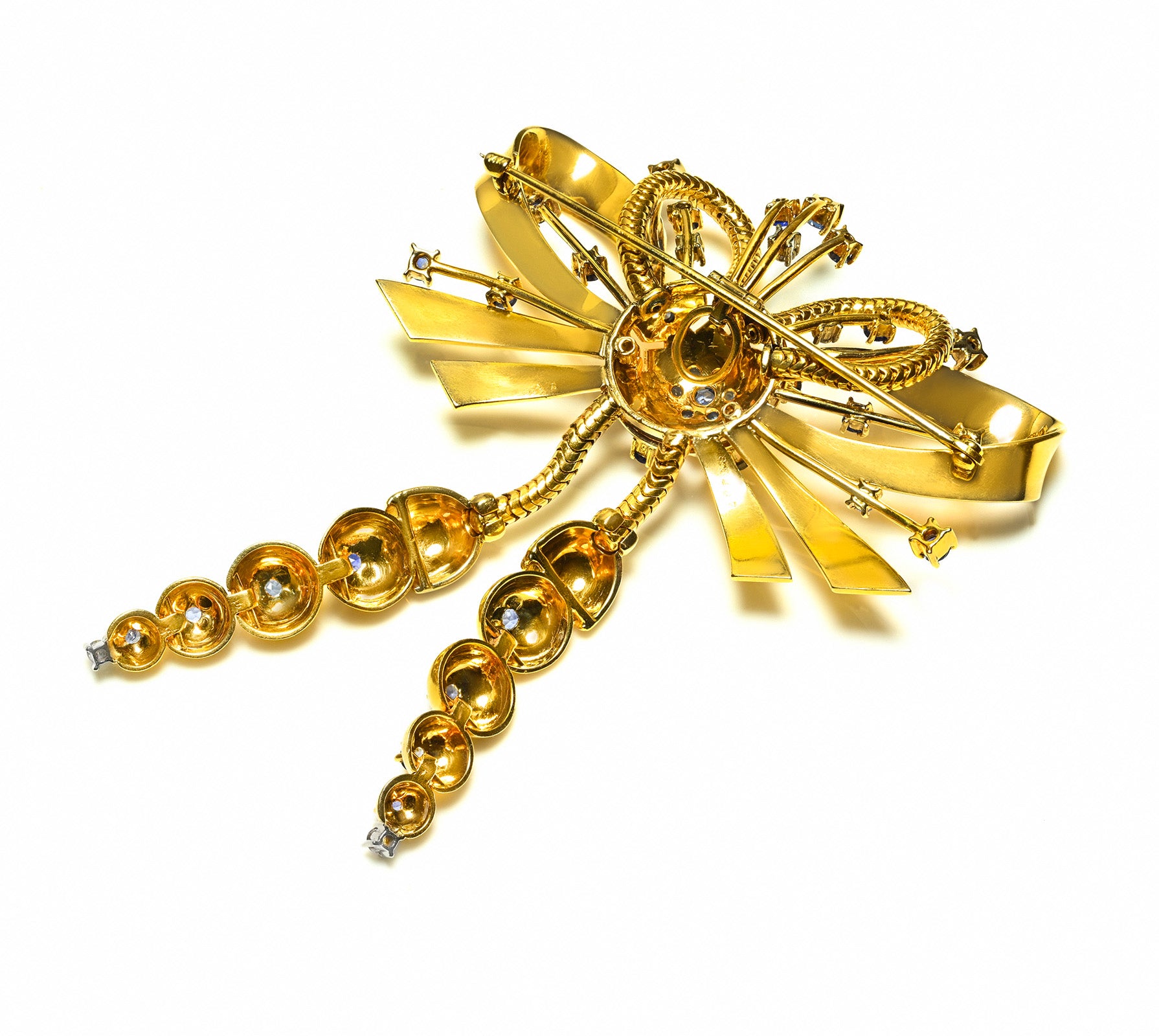 Bailey Banks Biddle 1940s Gold Bow Tassel Brooch Pendant Diamonds, Sapphires