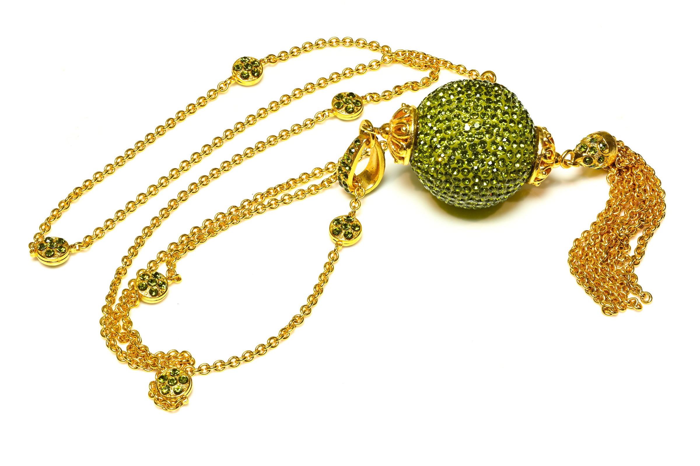 Vintage Jose & Maria Barrera Green Crystal Ball Tassel Sautoir Necklace
