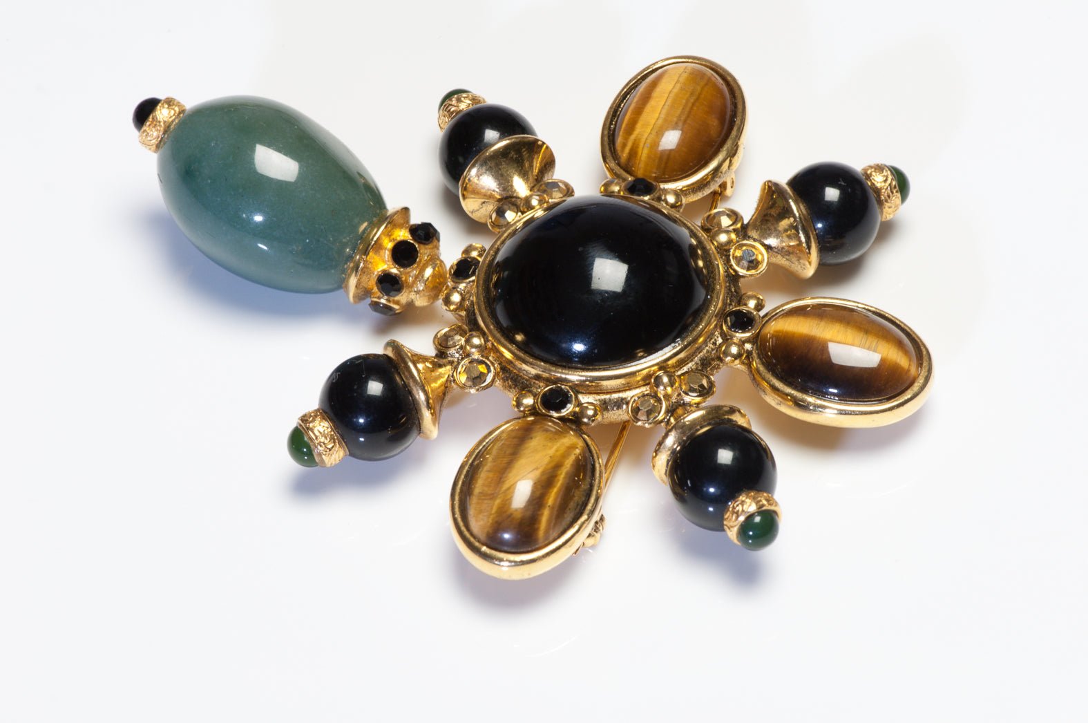 Barrera Large Tigers Eye Green Agate Onyx Crystal Brooch