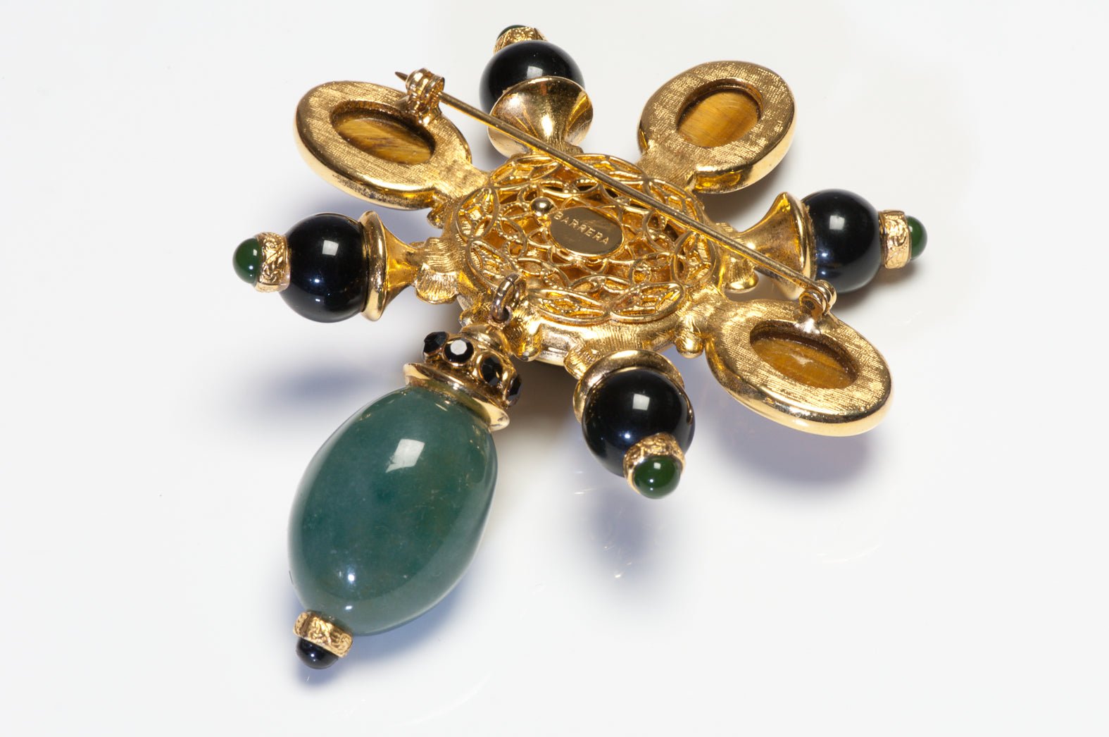 Barrera Large Tigers Eye Green Agate Onyx Crystal Brooch