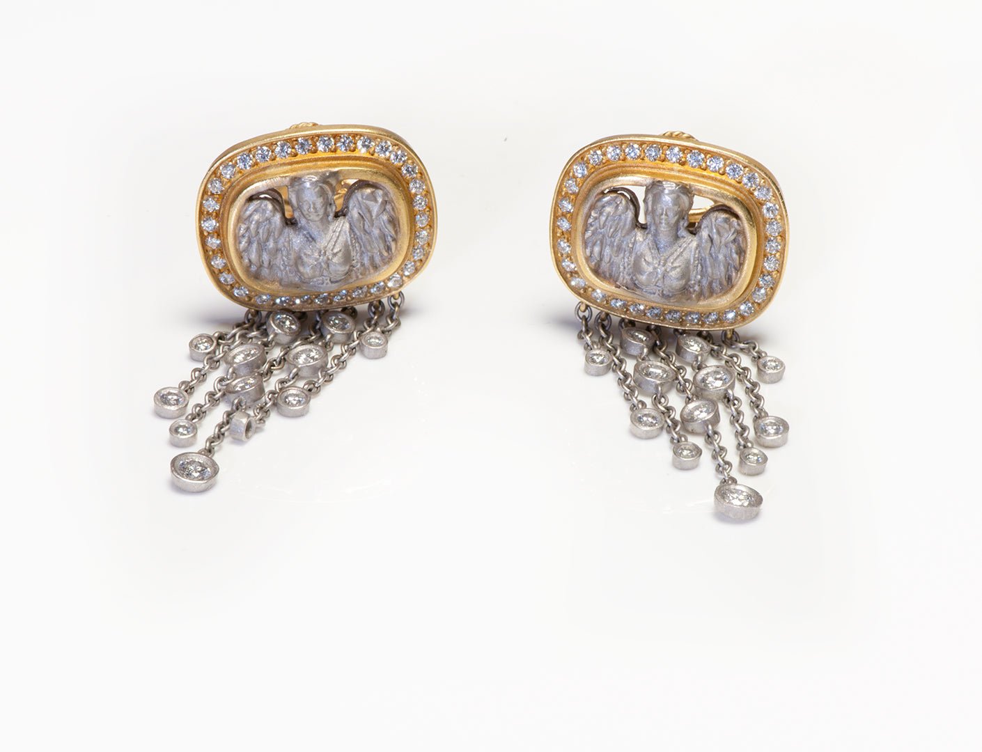 Barry Kieselstein Cord Gold Platinum Diamond Angel in My Window Drop Earrings