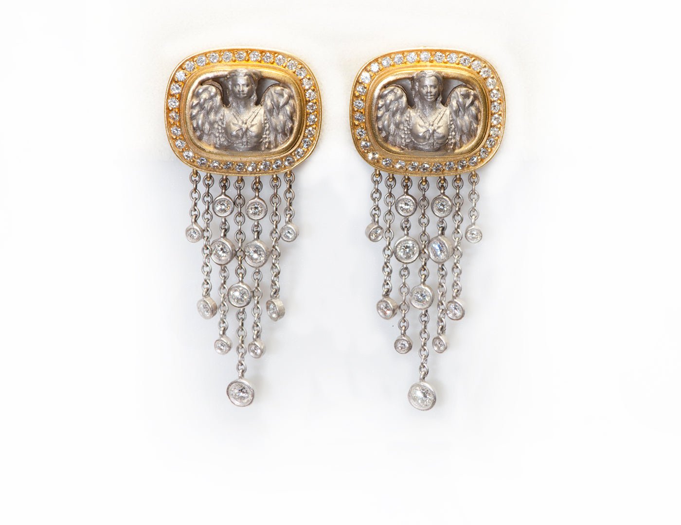 Barry Kieselstein Cord Gold Platinum Diamond Angel in My Window Drop Earrings