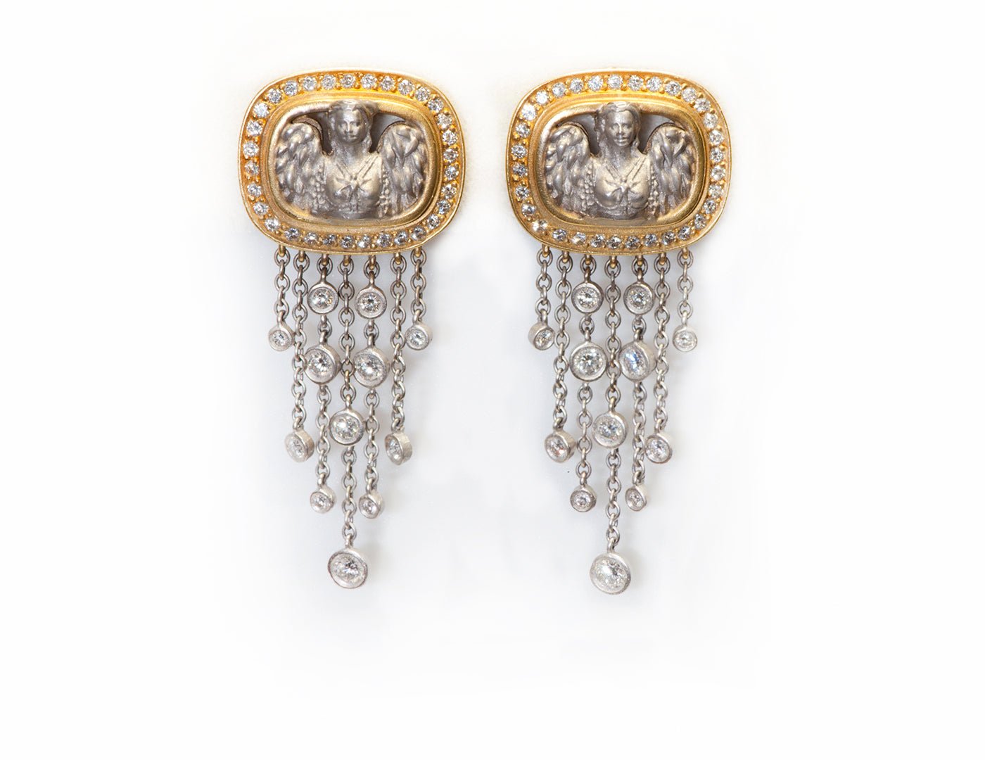 Barry Kieselstein Cord Gold Platinum Diamond Angel in My Window Drop Earrings