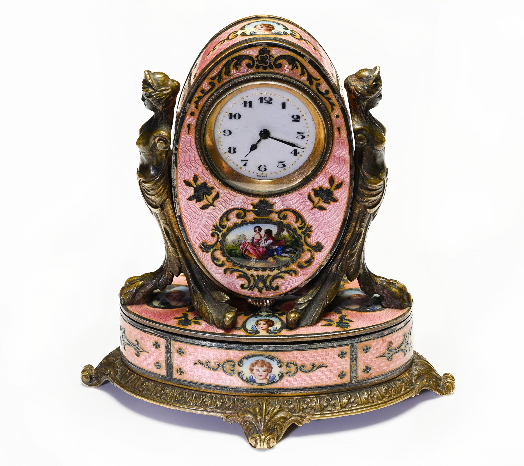 Belle Époque Miniature Clock Bronze Silver Guilloché Enamel