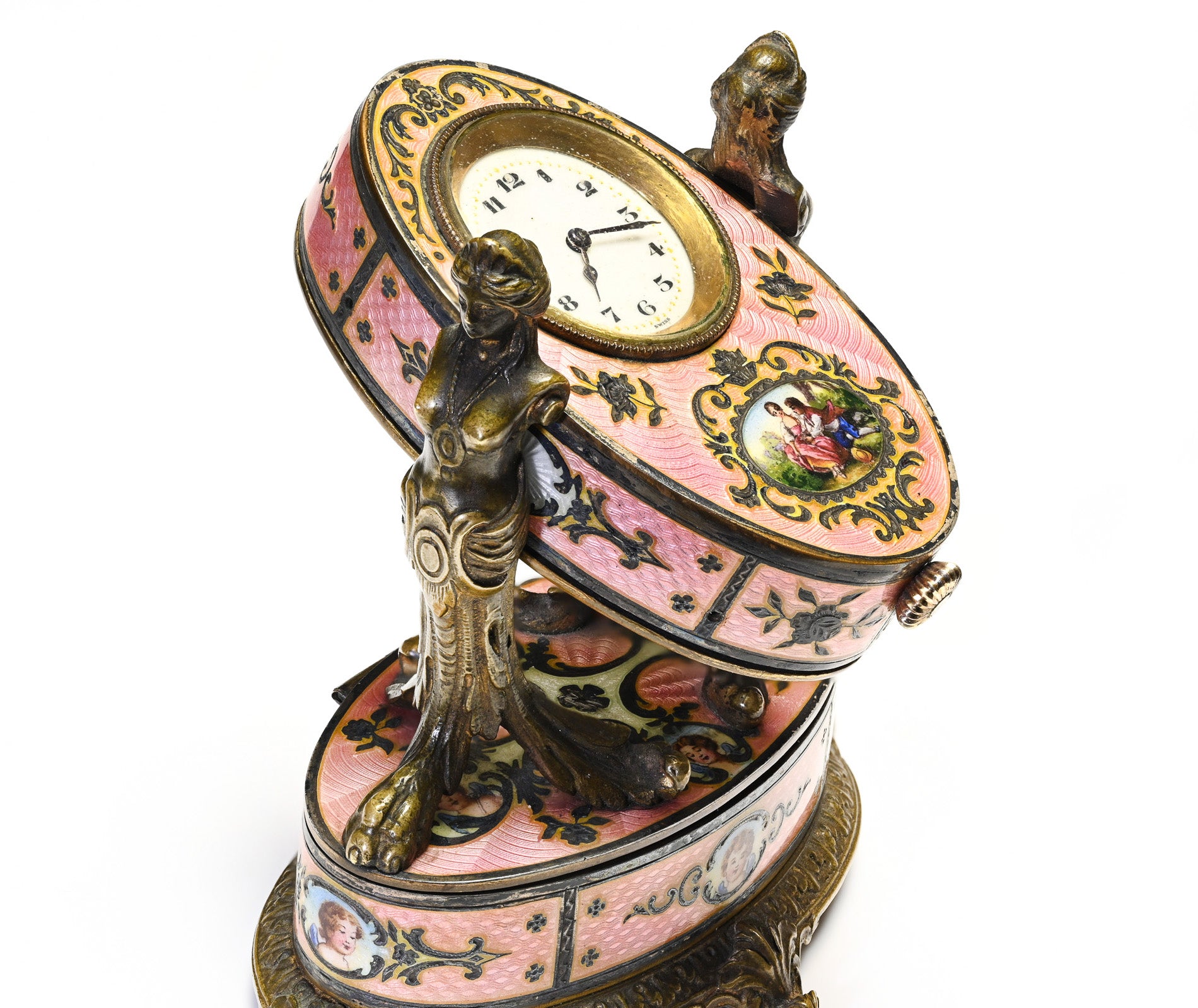 Belle Époque Miniature Clock  Bronze Silver Guilloché Enamel