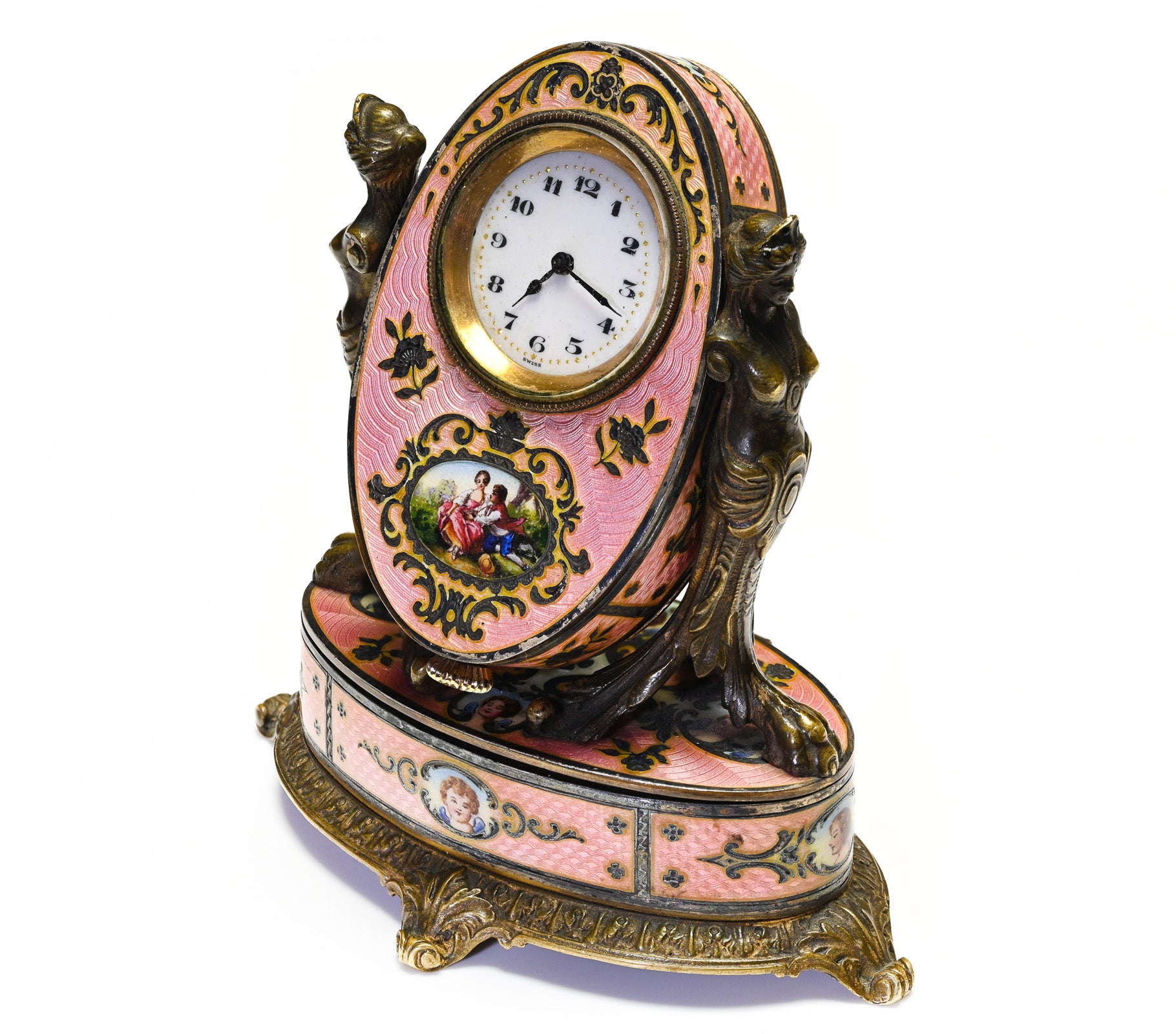 Antique Miniature Clock  Bronze Silver Guilloché Enamel
