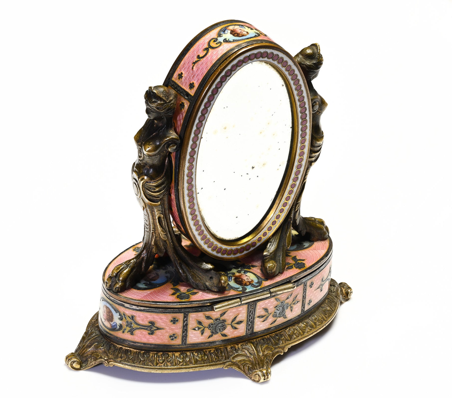 Belle Époque Miniature Clock Bronze Silver Guilloché Enamel Mirror