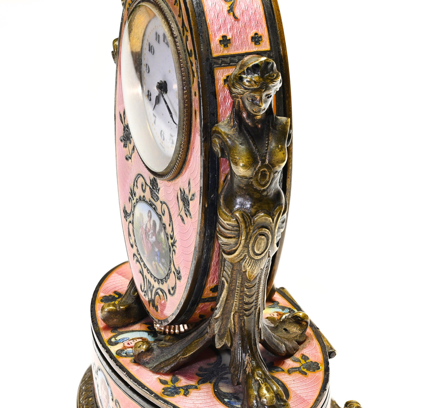 Belle Époque Miniature Clock Bronze Caryatid Silver Guilloché Enamel