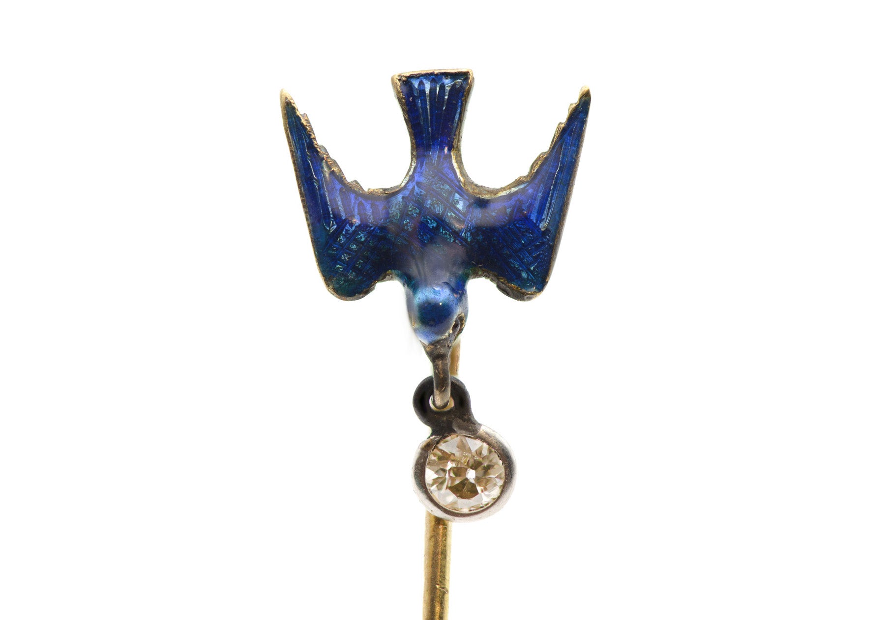Antique Gold Blue Enamel Diamond Bird Stick Pin