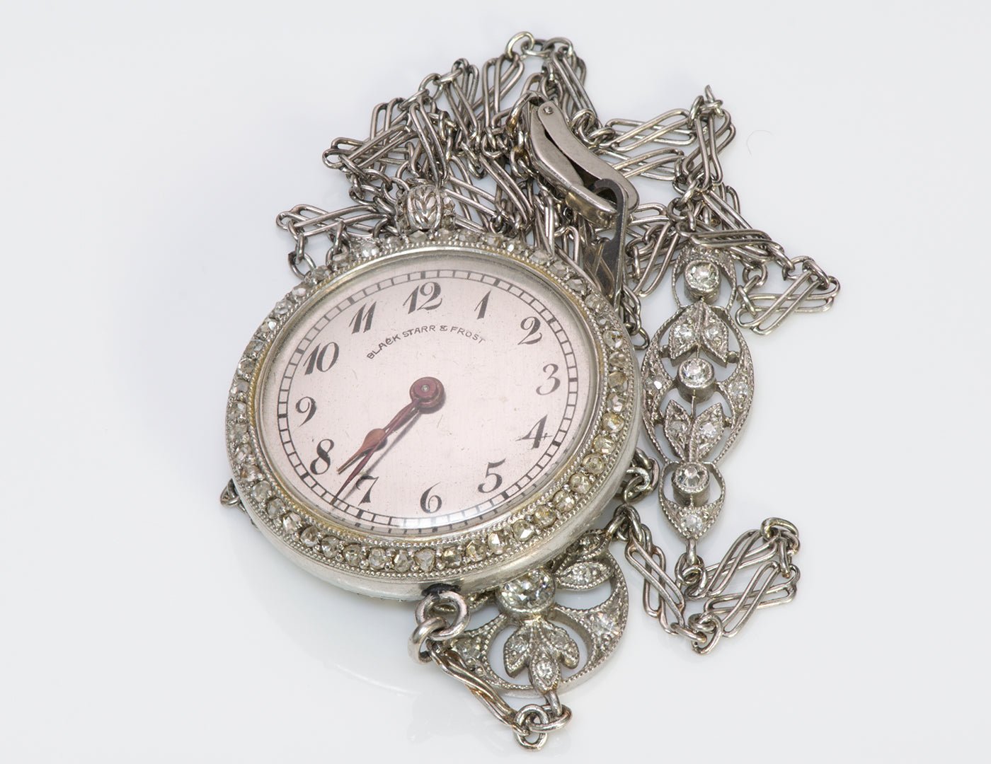 Black Starr & Frost Antique Edwardian Platinum Pearl Diamond Pendant Watch