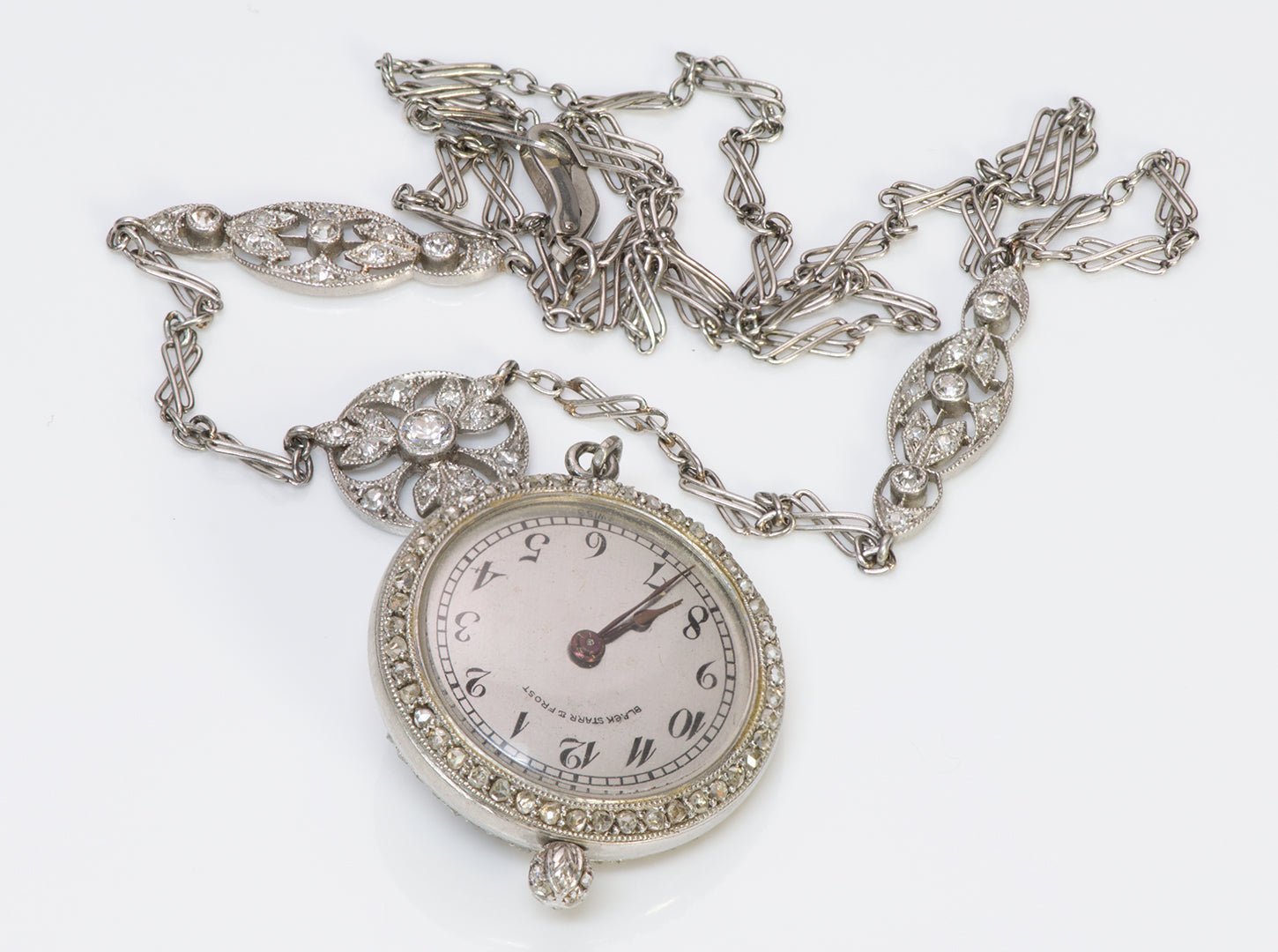 Black Starr & Frost Antique Edwardian Platinum Pearl Diamond Pendant Watch
