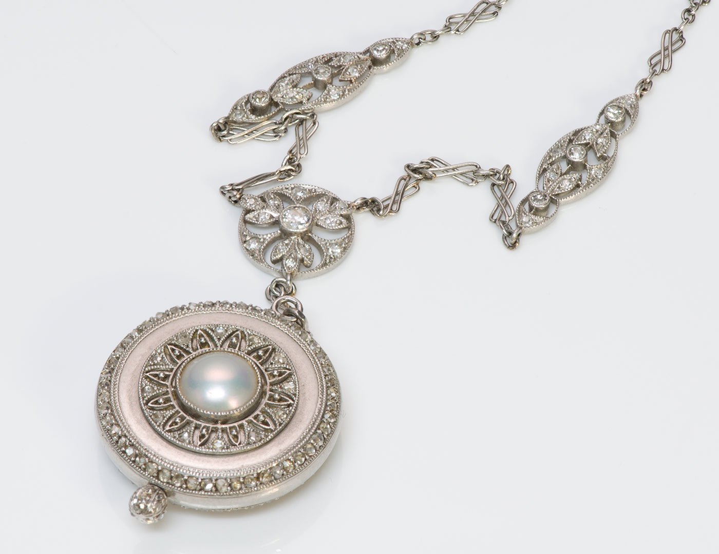 Black Starr & Frost Antique Edwardian Platinum Pearl Diamond Pendant Watch