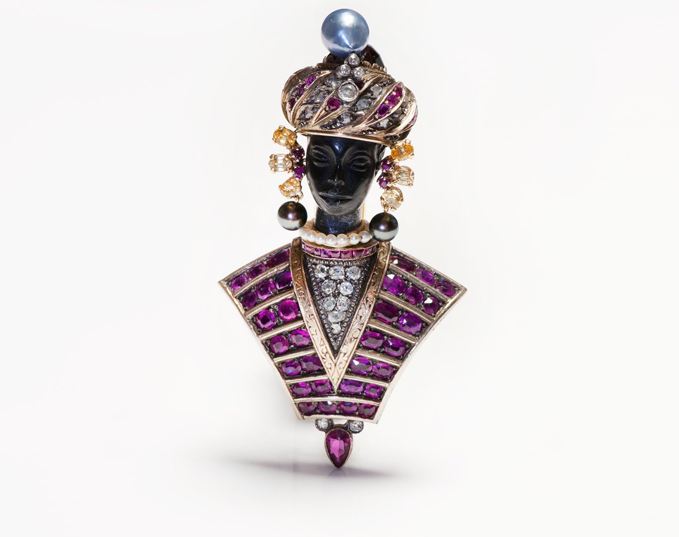 Blackamoor Gold Ruby Diamond Pearl Brooch