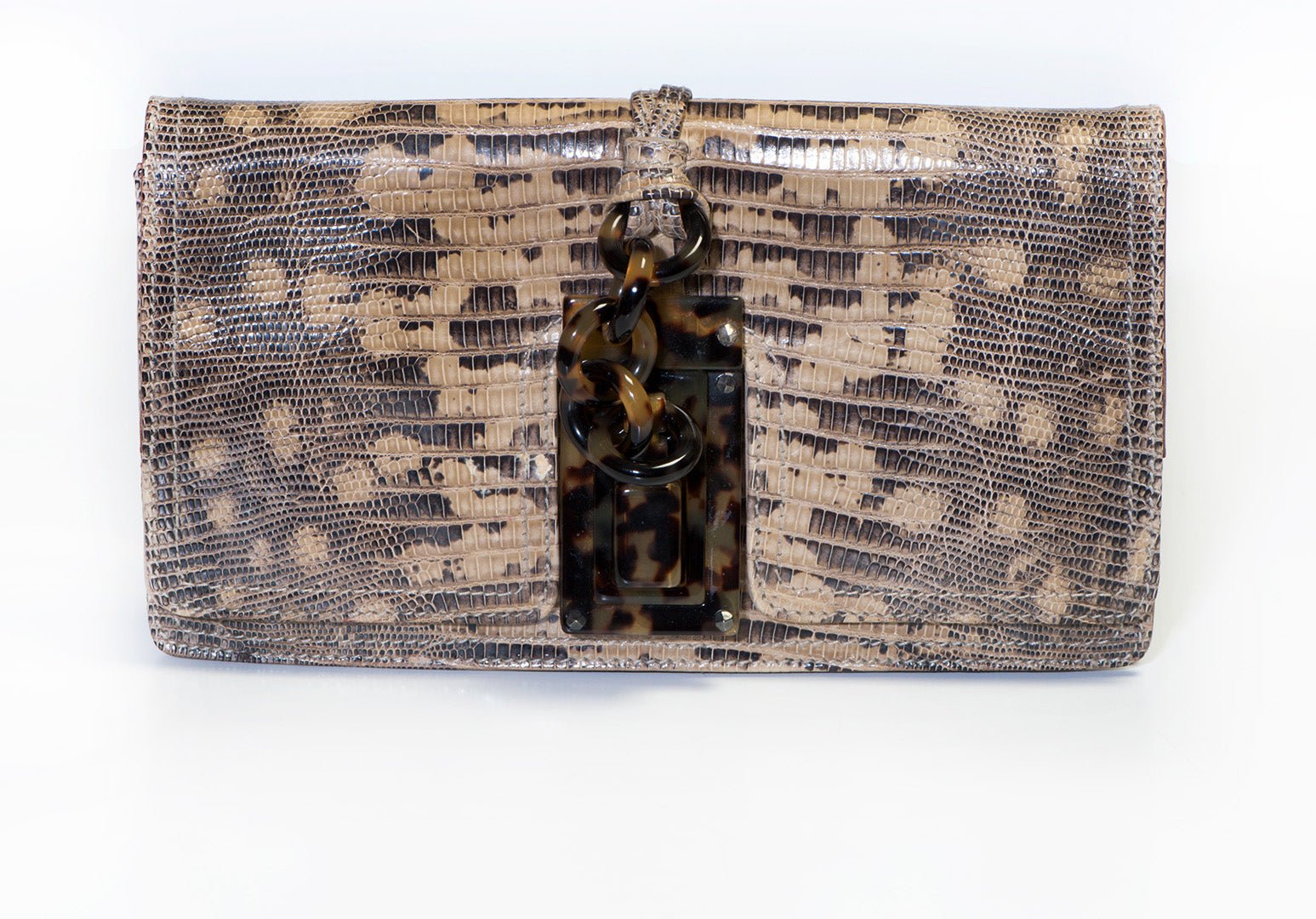 Bottega Veneta Brown Lizard Flap Clutch Bag