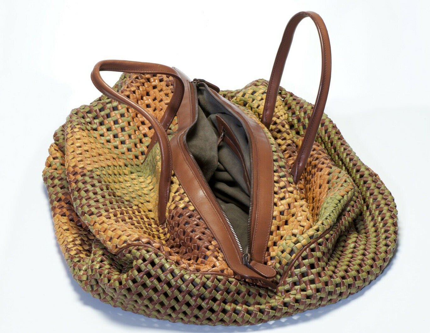 Bottega Veneta Green Orange Brown Intrecciato Leather Hobo Bag