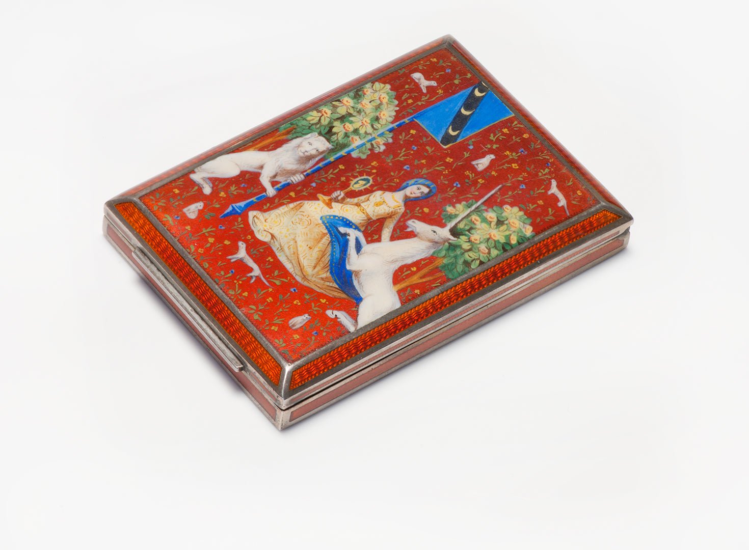 Bruder Frank Silver Guilloche Enamel Case "Medieval" Lady & the Unicorn