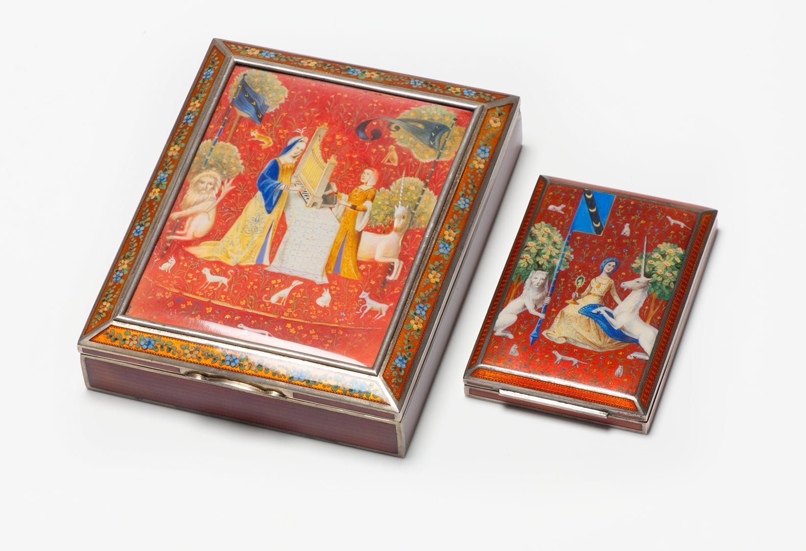 Bruder Frank Sterling Silver Tapestry Pattern Enamel Unicorn Lion Boxes