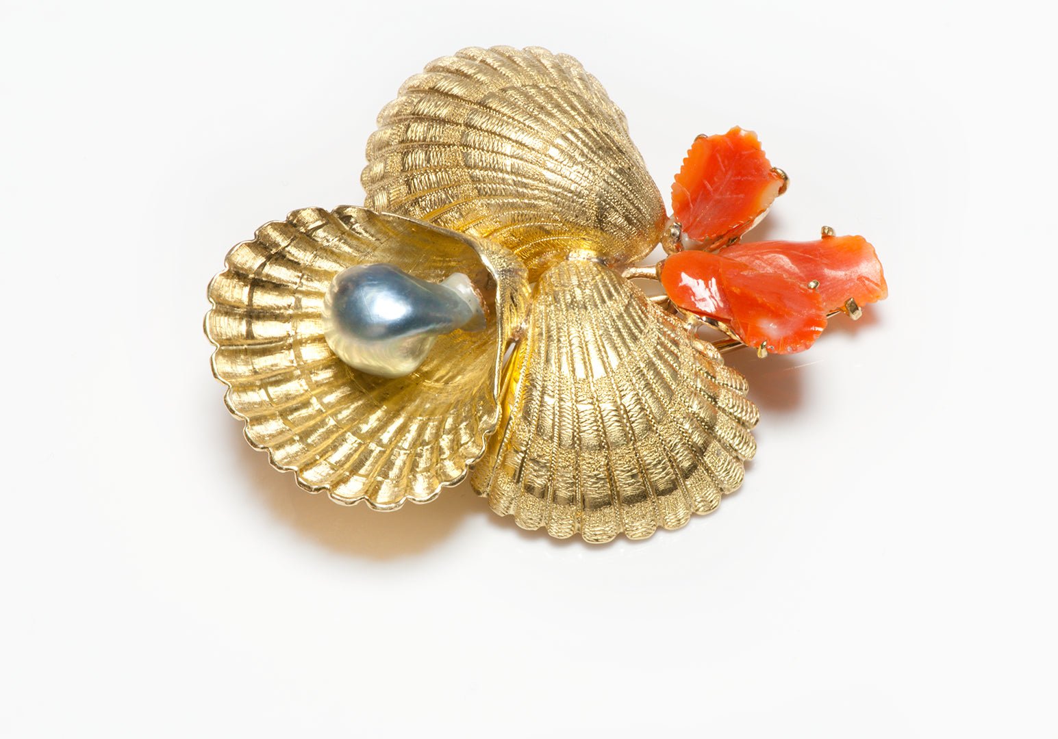 Buccellati 18K Yellow Gold Pearl Coral Shell Brooch