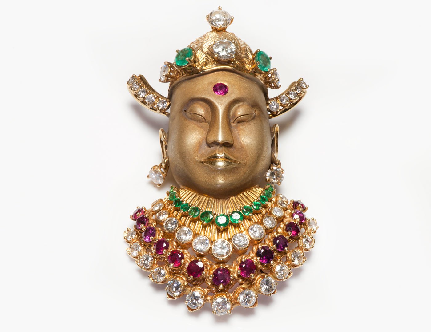 Buddha Gold Diamond Emerald Ruby Pendant Brooch