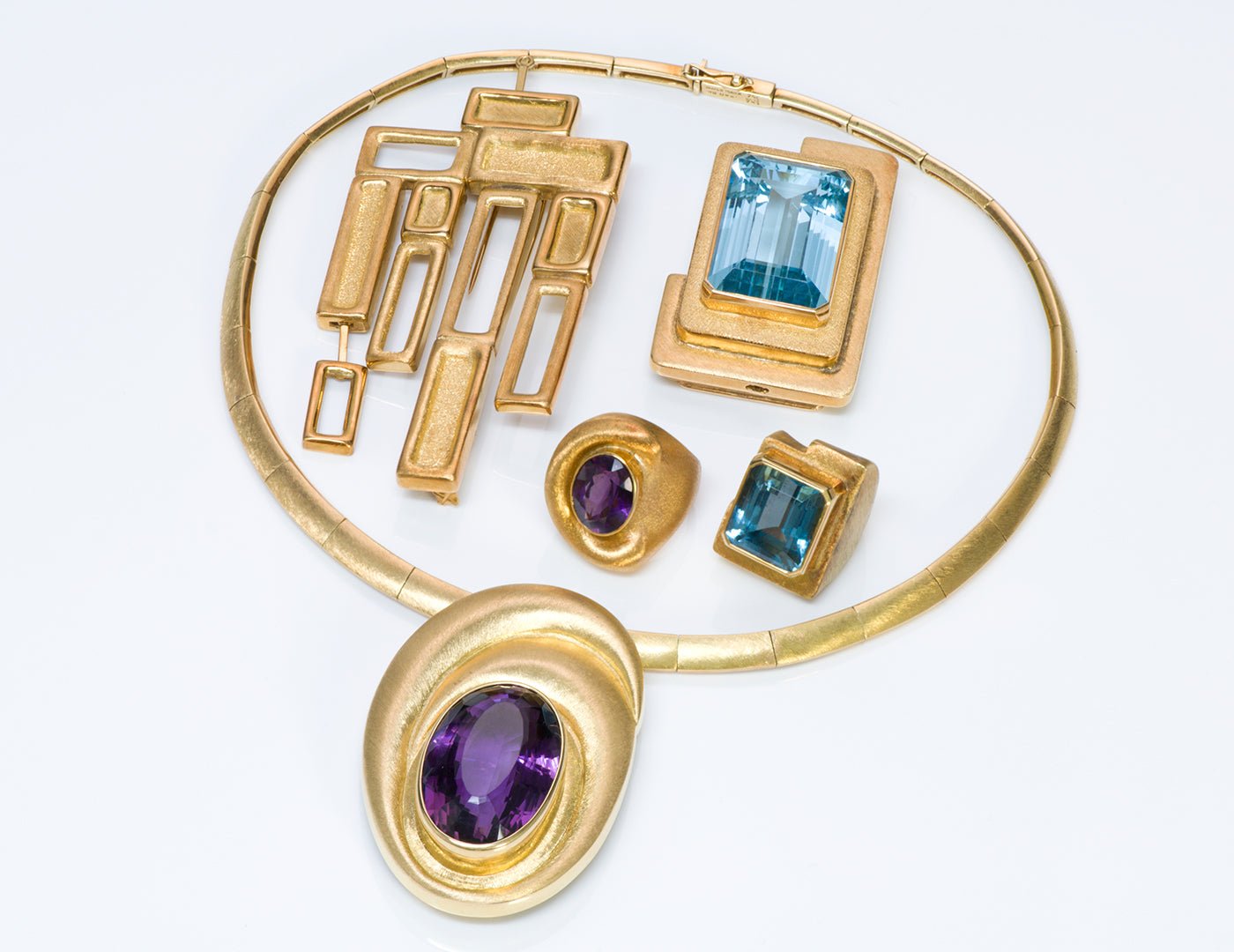 Burle Marx 18K Gold Aquamarine Amethyst Necklace Brooch Ring