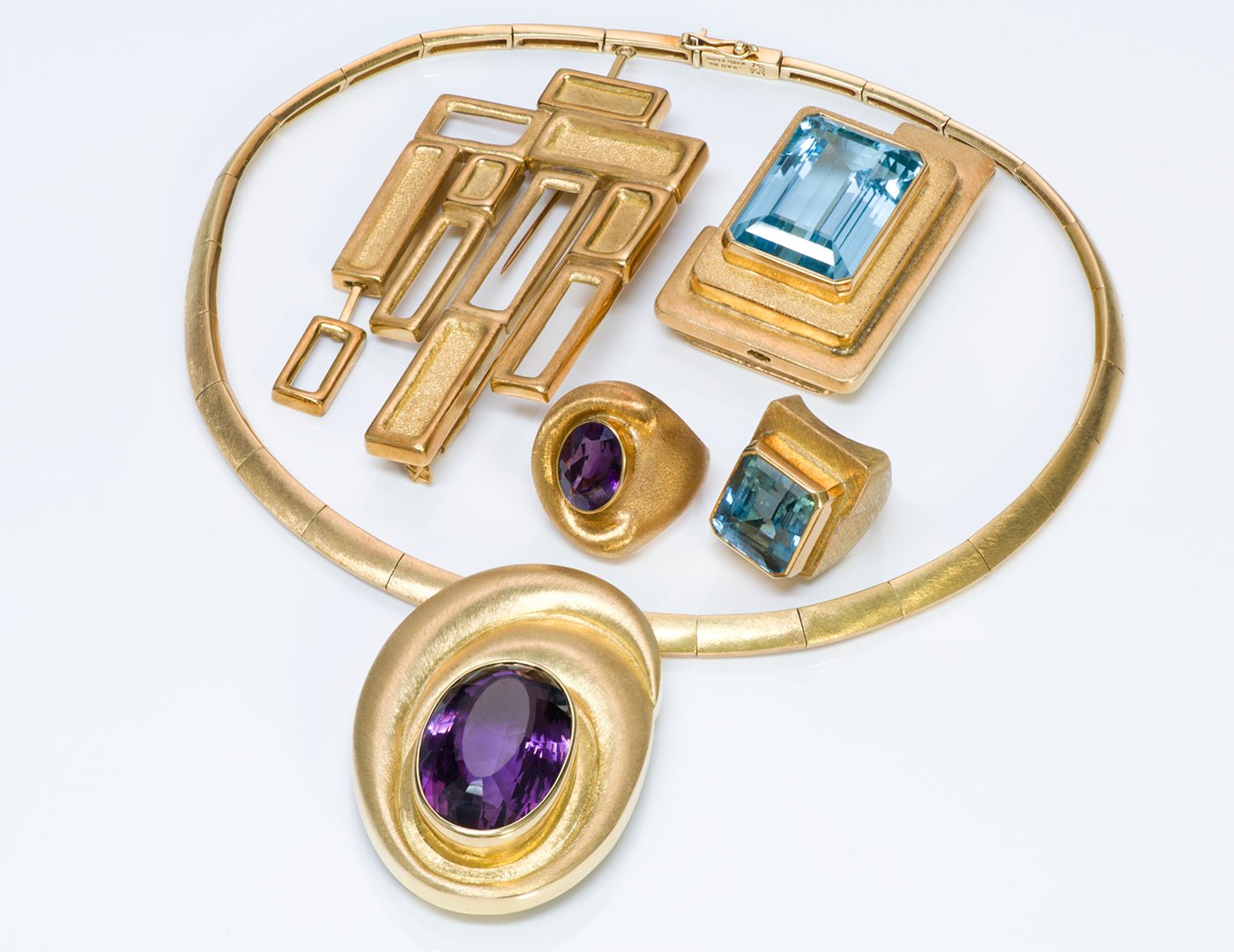 Burle Marx 18K Gold Aquamarine Amethyst Necklace Brooch Ring