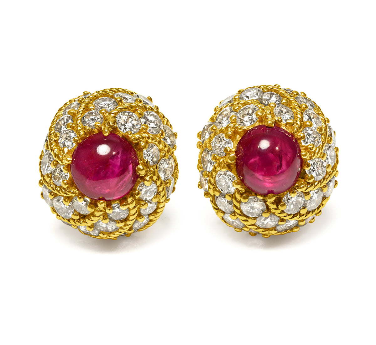 Vintage Unheated Burma Ruby and Diamond Dome Clip-On Earrings in 18K Gold
