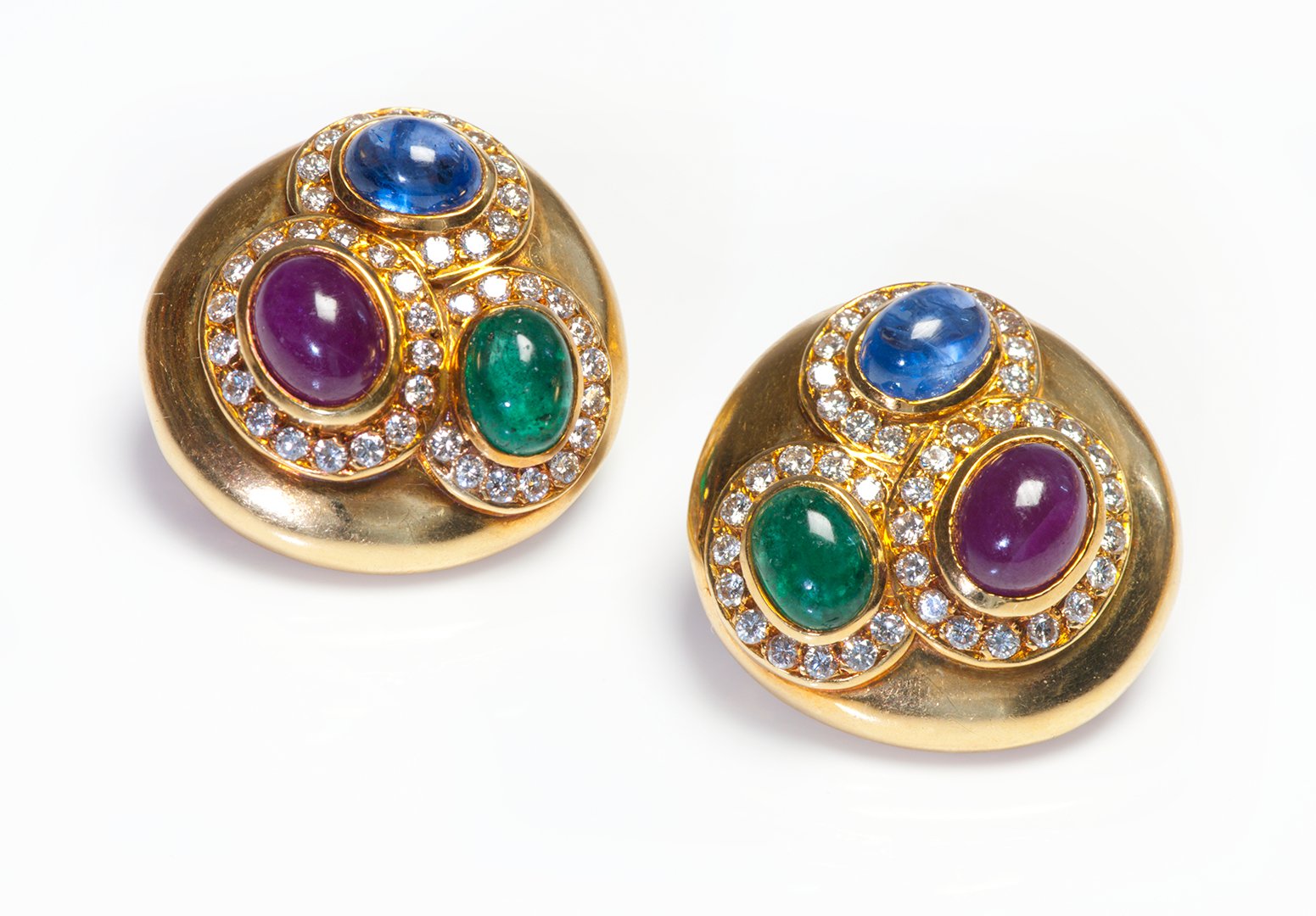 Cabochon Emerald Ruby Sapphire Diamond Gold Earrings