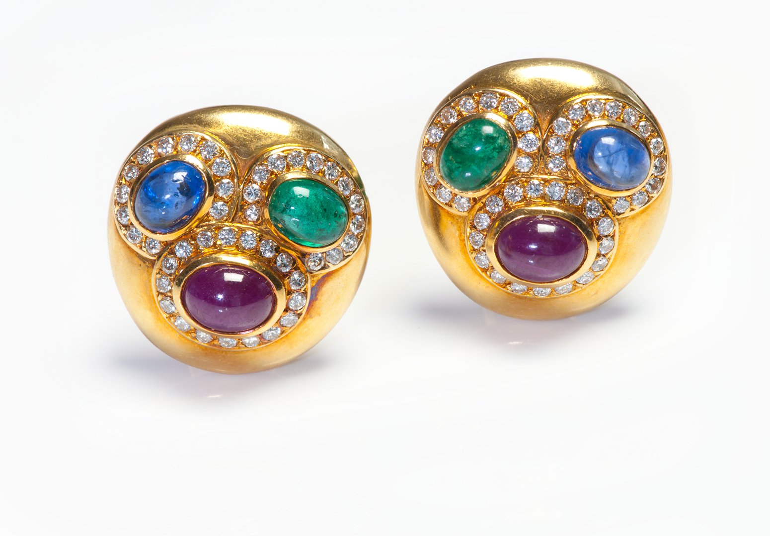 Cabochon Emerald Ruby Sapphire Diamond Gold Earrings