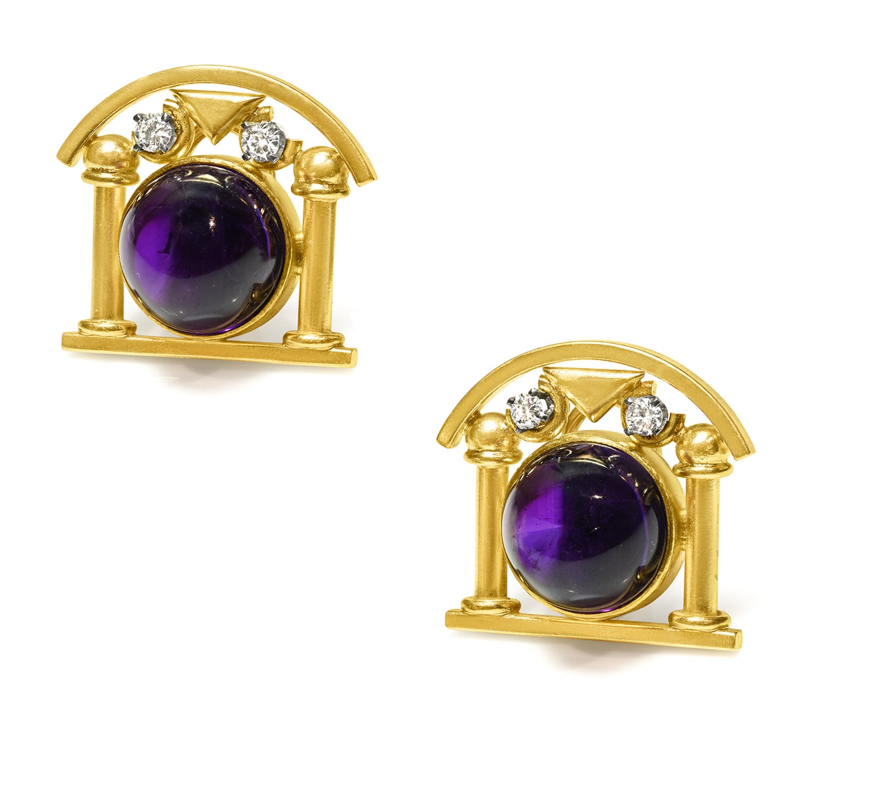 Amethyst Cabochon Diamond Architectural Gold Earrings