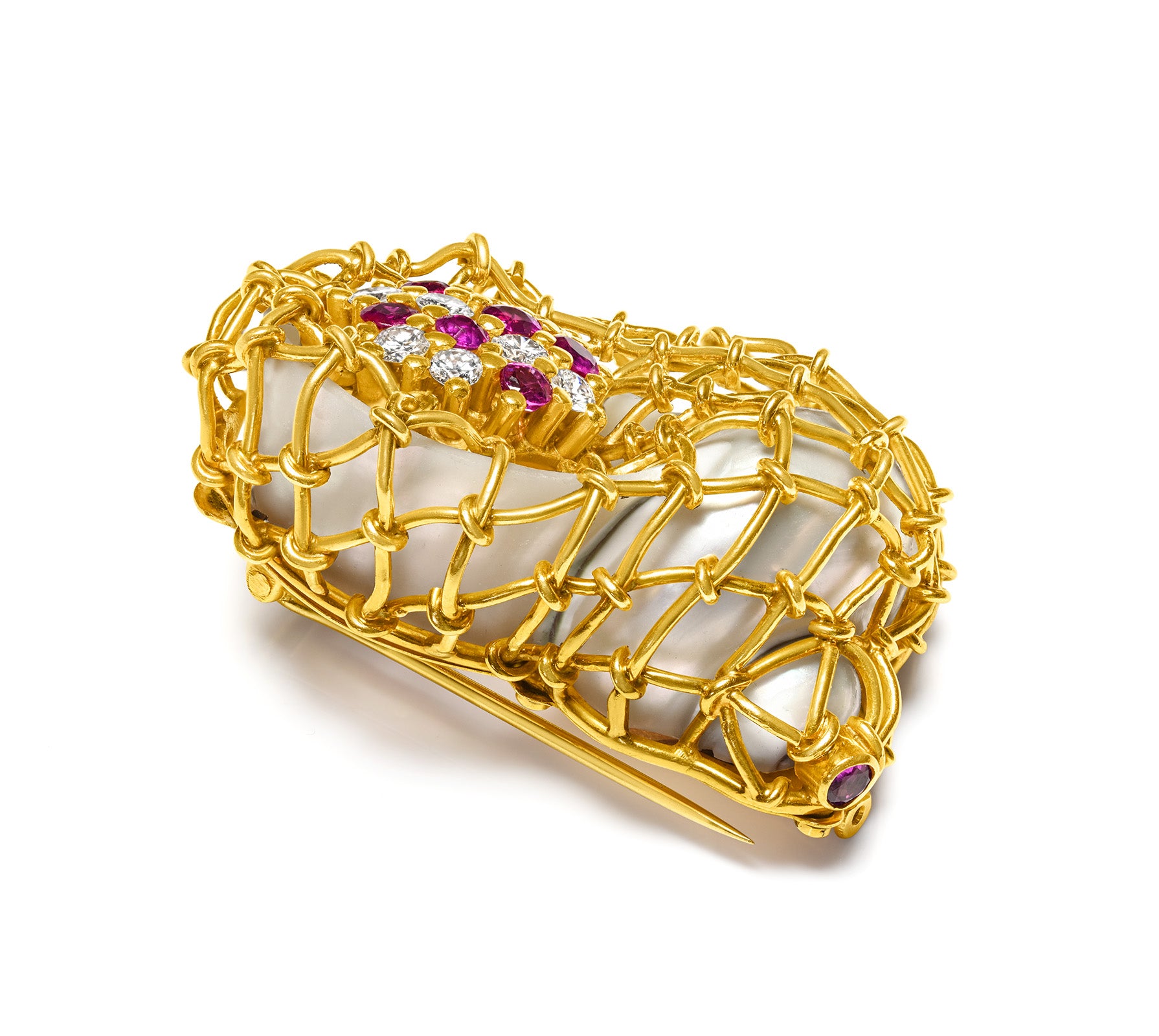 Artistic 18K Gold Cage Brooch with Pearl, Rubies, and Diamonds